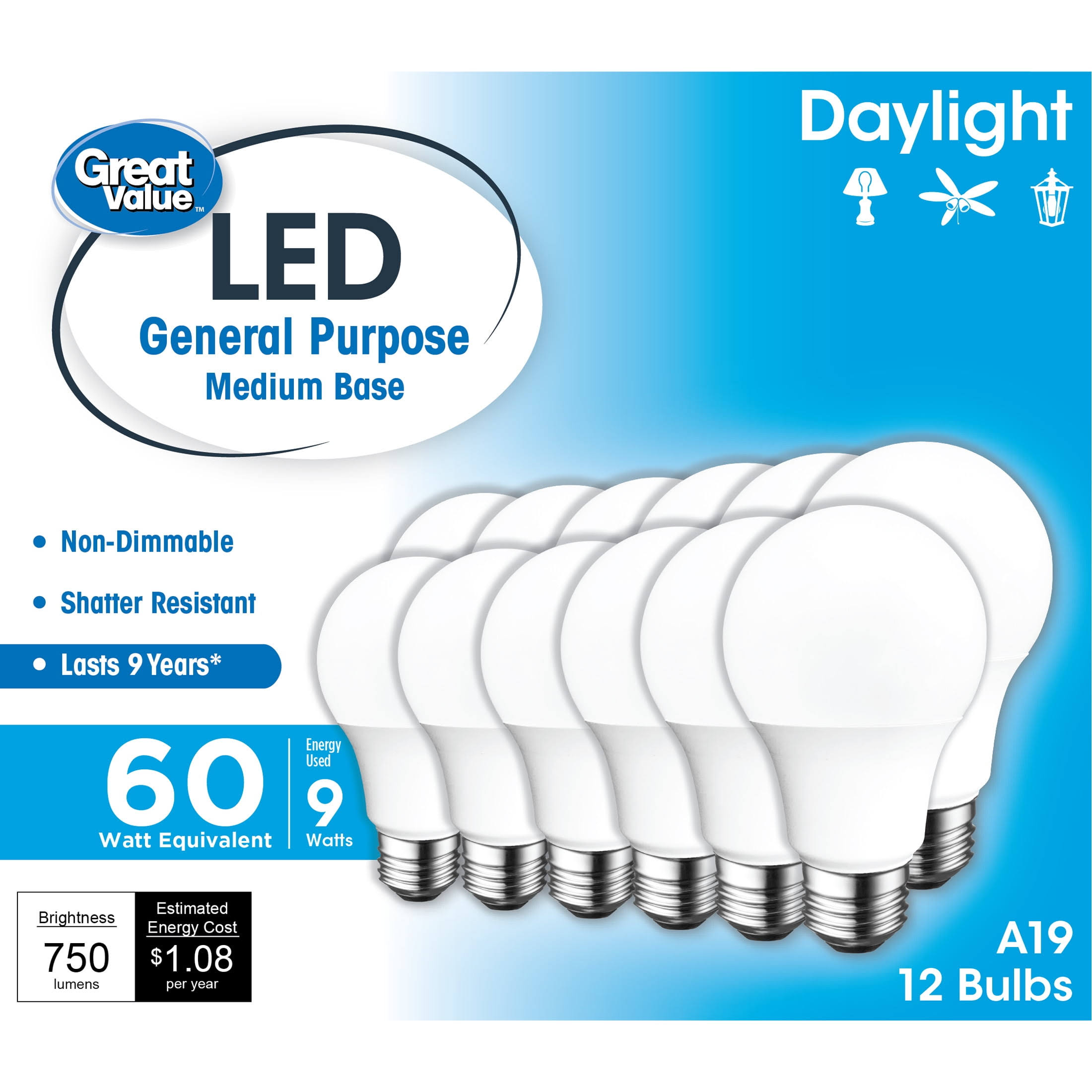 Great Value LED Light Bulb, 9W (60W Equivalent) A19 General Purpose Lamp E26 Medium Base, Non-Dimmable, Daylight, 12-Pack, Size: 12 Bulbs
