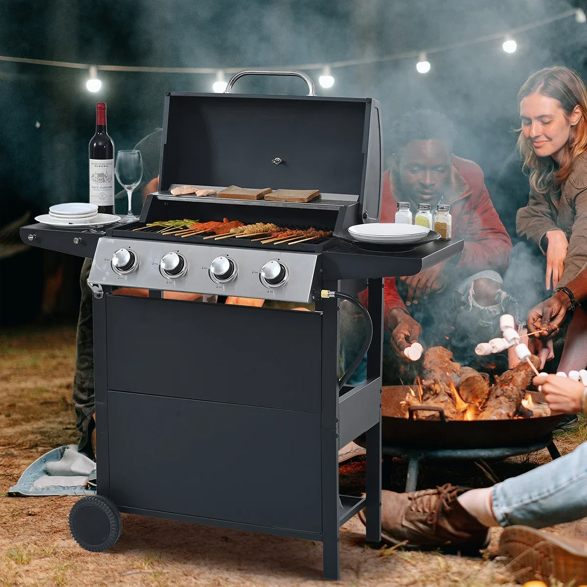 Propane Gas 4 Burner Barbecue Grill, Stainless Steel 34,000 BTU Patio Garden Barbecue Grill with Two Shelves, Lid, Wheels and Bottle Opener