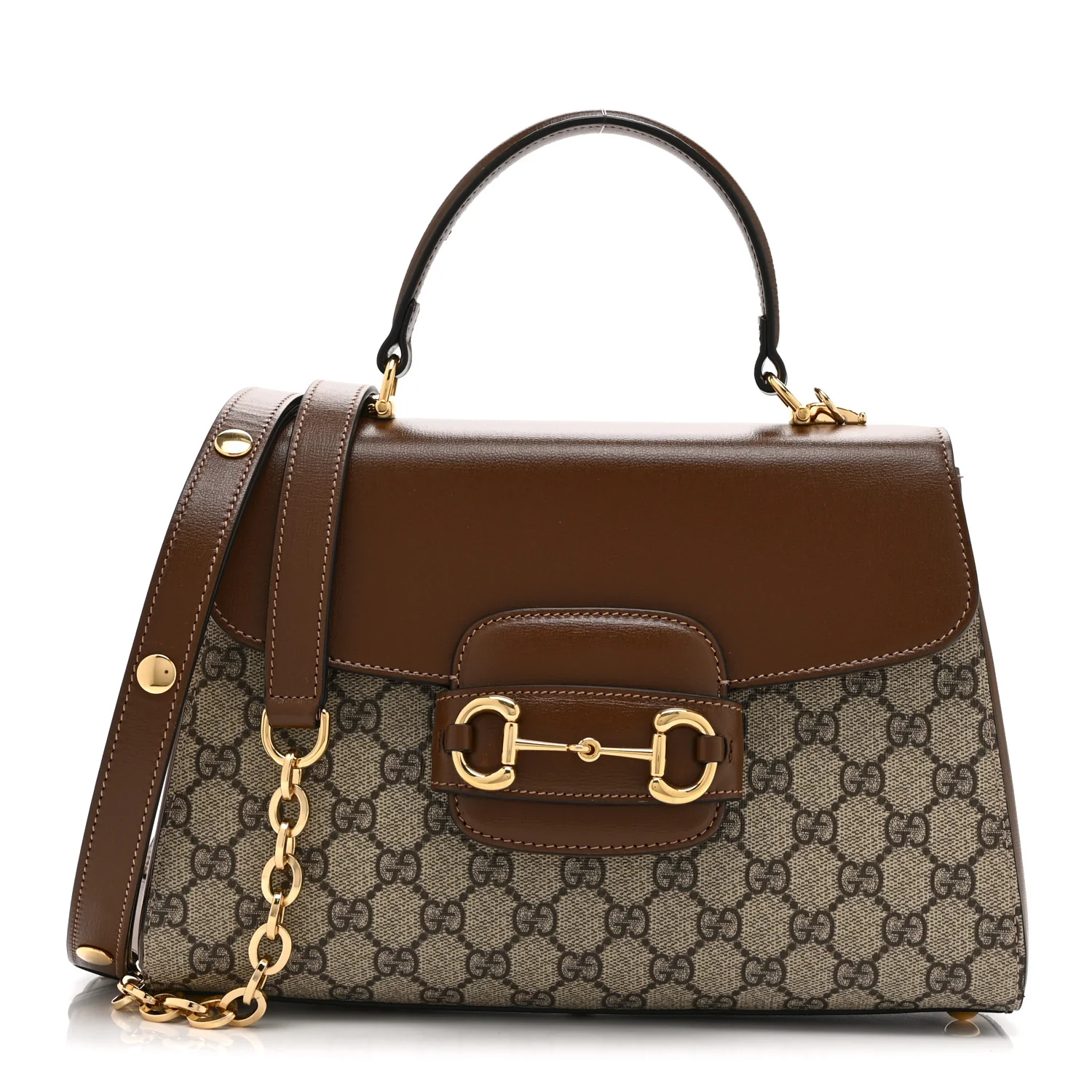 GG Supreme Monogram Calfskin Medium Horsebit 1955 Top Handle Bag Beige Ebony Brown Sugar