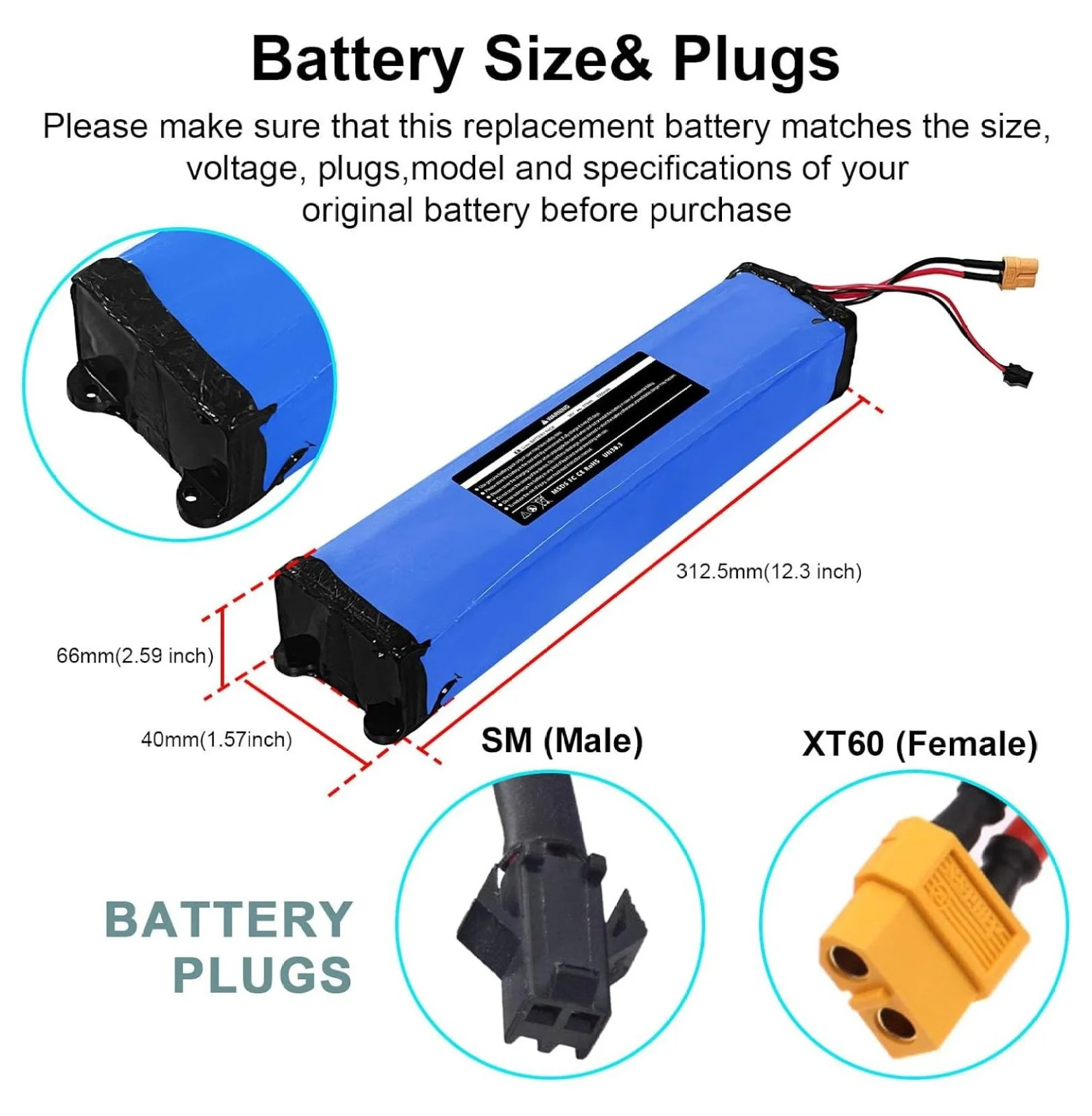 36V 7500mAh Electric Scooter Replacement Battery Pack Compatible for /KS4 Electric Scooter,with Screw Holes at The Bottom and top of The Battery,270Wh-Size:12.3 * 2.59 * 1.57 Inch - Image 2