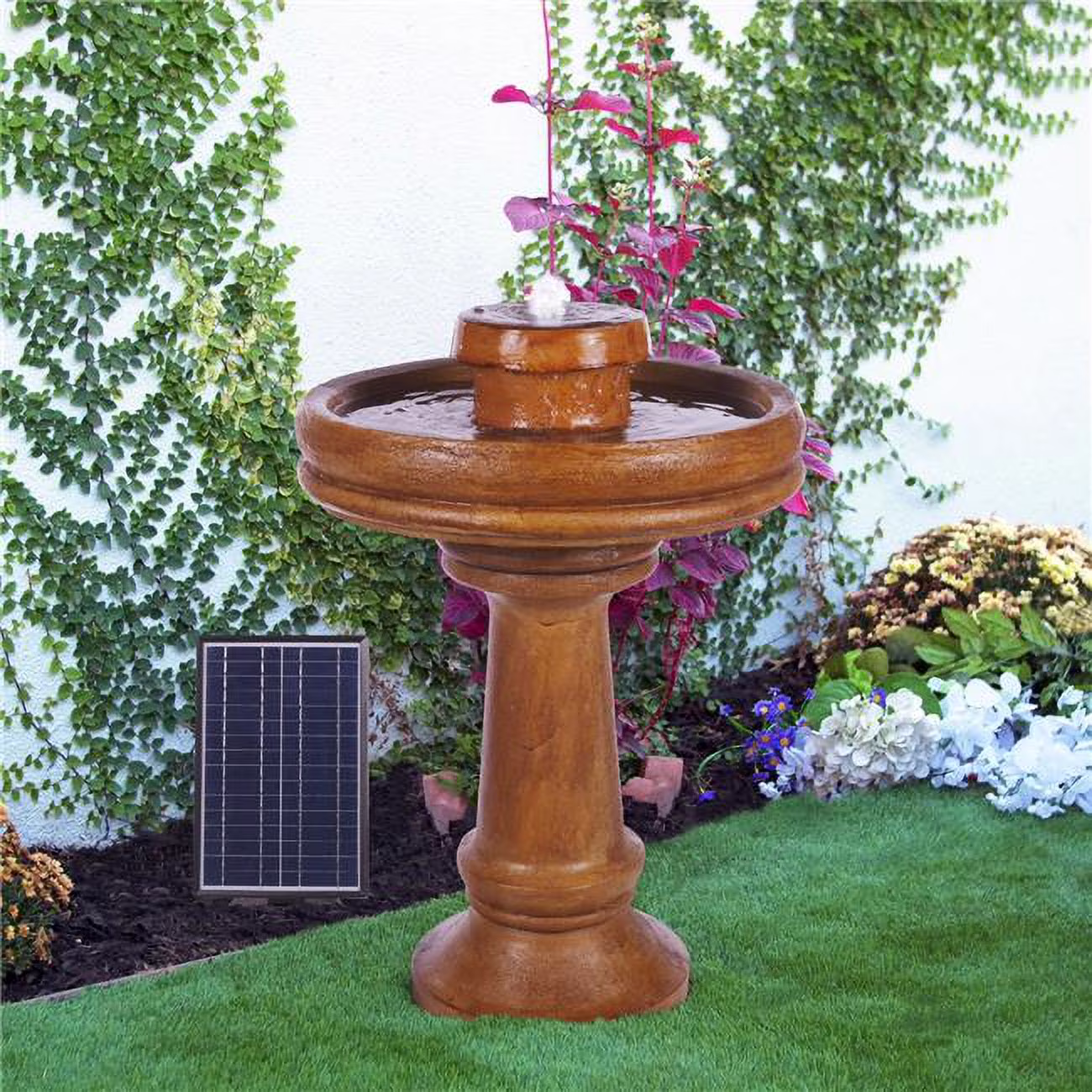 Alpine Corporation  29 Outdoor Birdbath Fountain with LED Lights  Classic Pedestal Solar-Powered Garden Water Feature, Brown