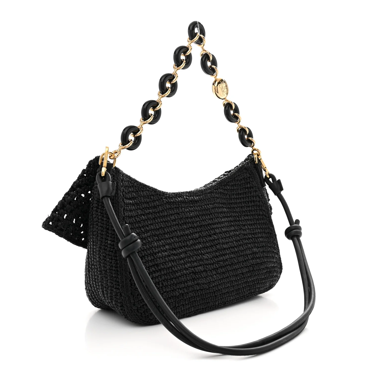 Raffia Donut Chain Medium Ola Shoulder Bag Black
