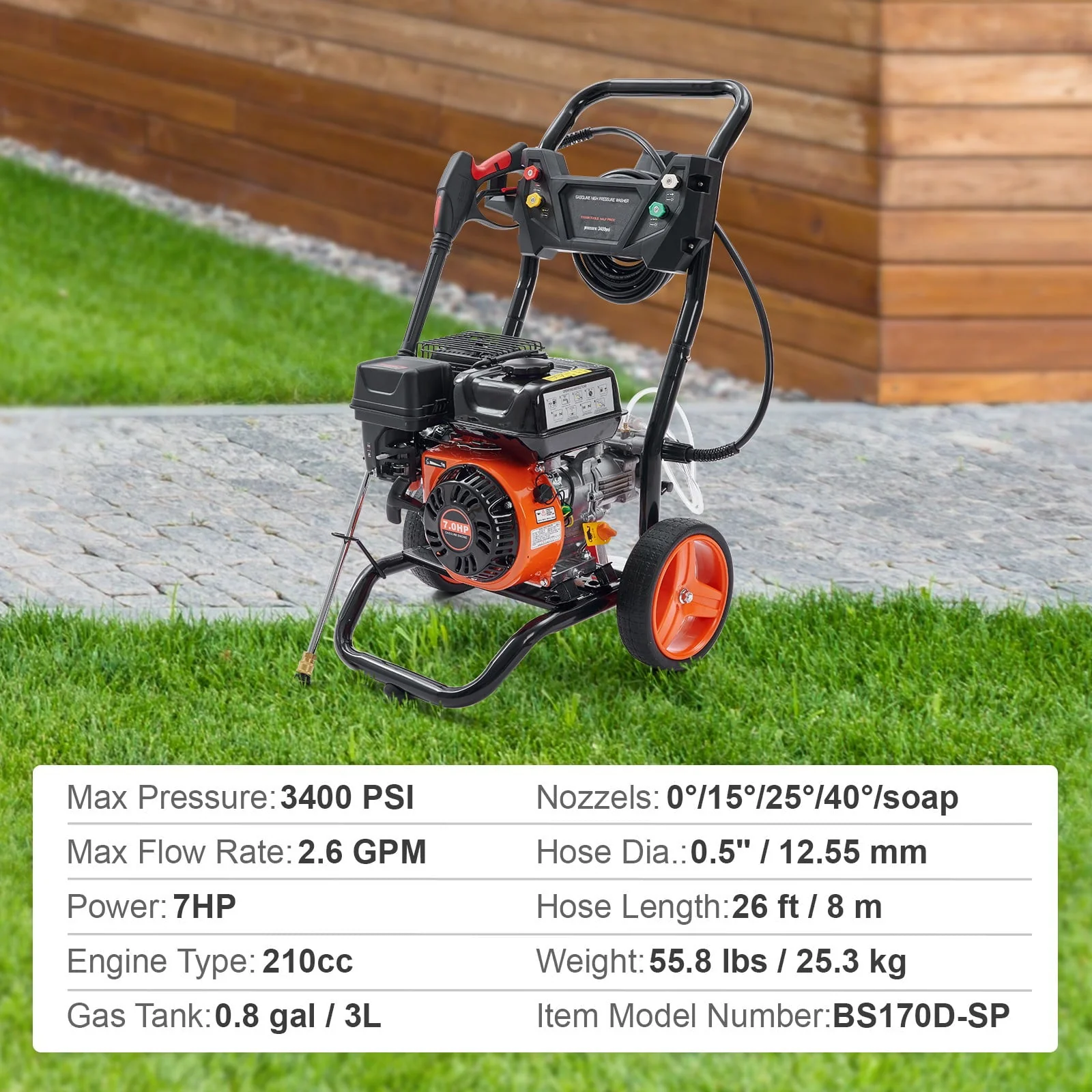 BENTISM 3400 PSI 2.6 GPM Gas Pressure Washer W/26 Ft High Pressure Hose 5 Nozzles Gas Powered Washer