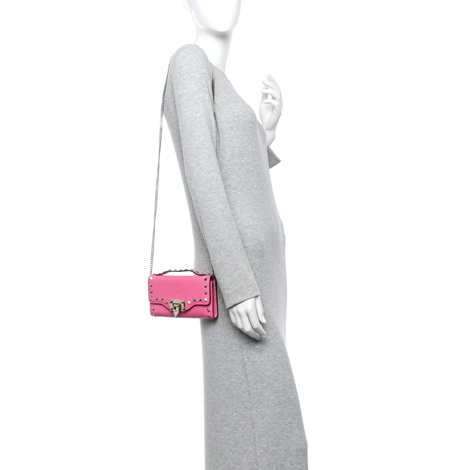 Pebbled Calfskin Rockstud Flip Lock Wallet On Chain Feminine Pink