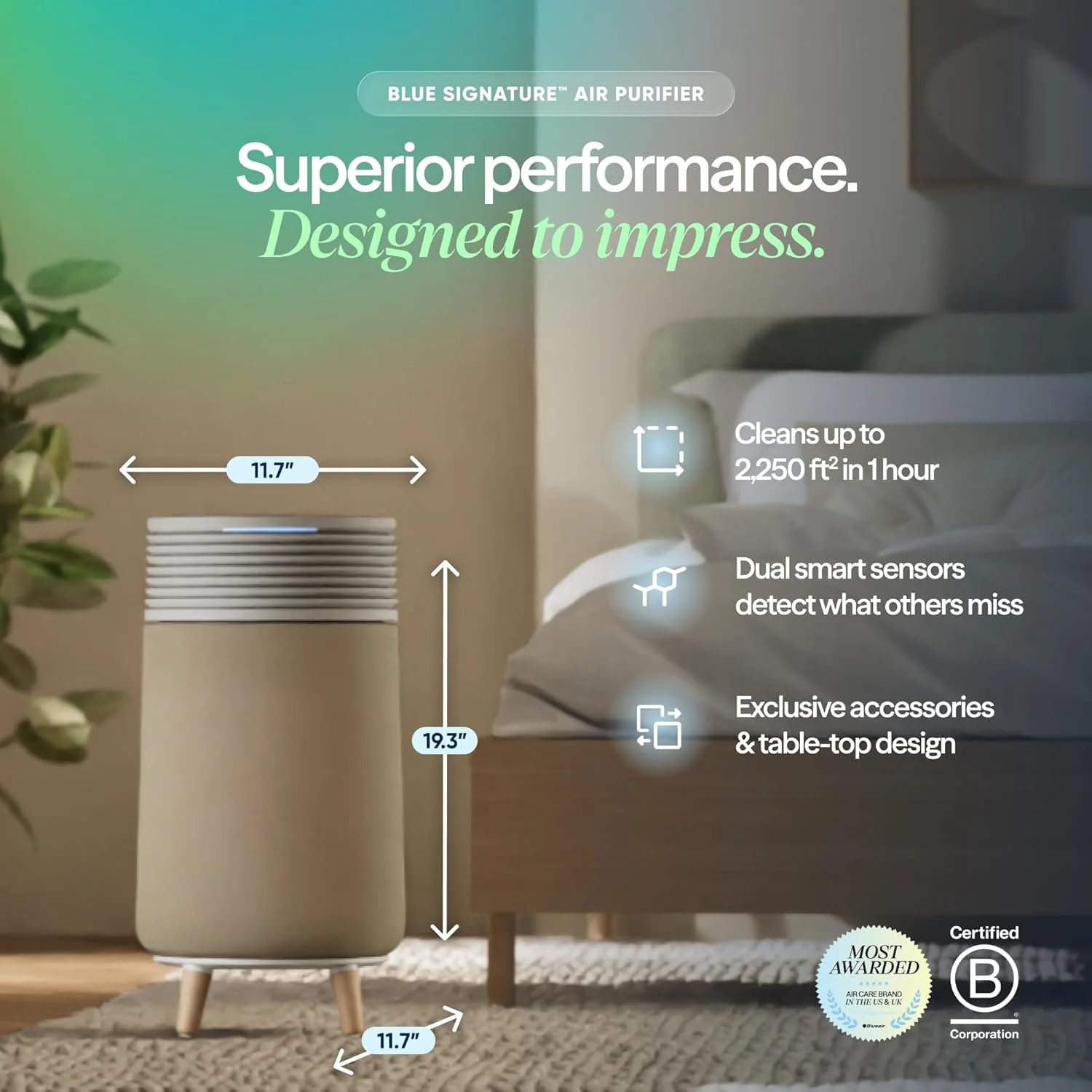 Purificateur d'air BLUEAIR Blue Signature SP3i pour pièces moyennes jusqu'à 46 m², filtration HEPASilent, contrôle intelligent Wi-Fi, mode automatique, élimination des odeurs et de la fumée, des poils d'animaux et de la poussière, certifié AHAM, form