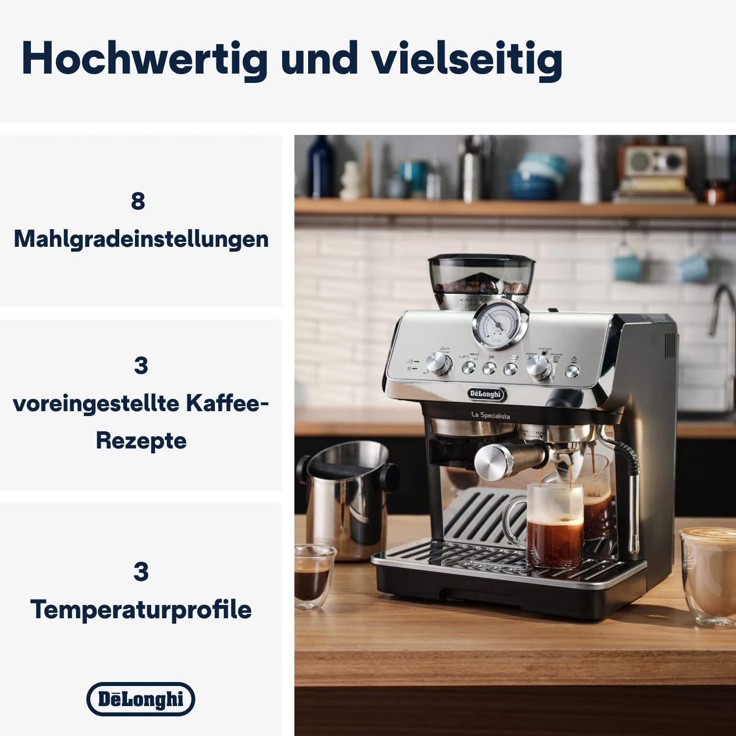 De'Longhi La Specialista Arte EC9155. MB Machine met zeven dragers, espressomachine met molen, 8 malingen, 15 bar, 3 temperaturen, melkopschuimmondstuk, 1300 W, tank van 1,5 l, roestvrij staal/zwart incl. barista-kit