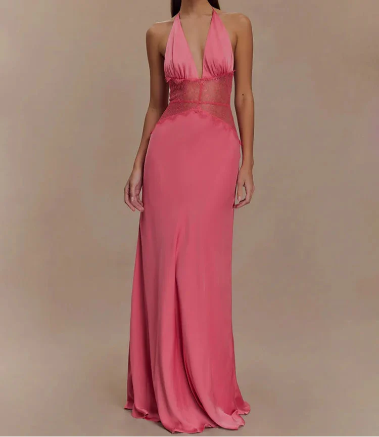 Robe Maxi Dos Nu à Panneaux en Dentelle et Col Halter