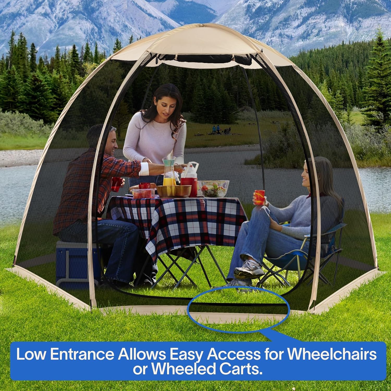 Gazebo moustiquaire pouvant accueillir 6, 10 ou 15 personnes. Tente de style igloo avec moustiquaire latérale. Idéal