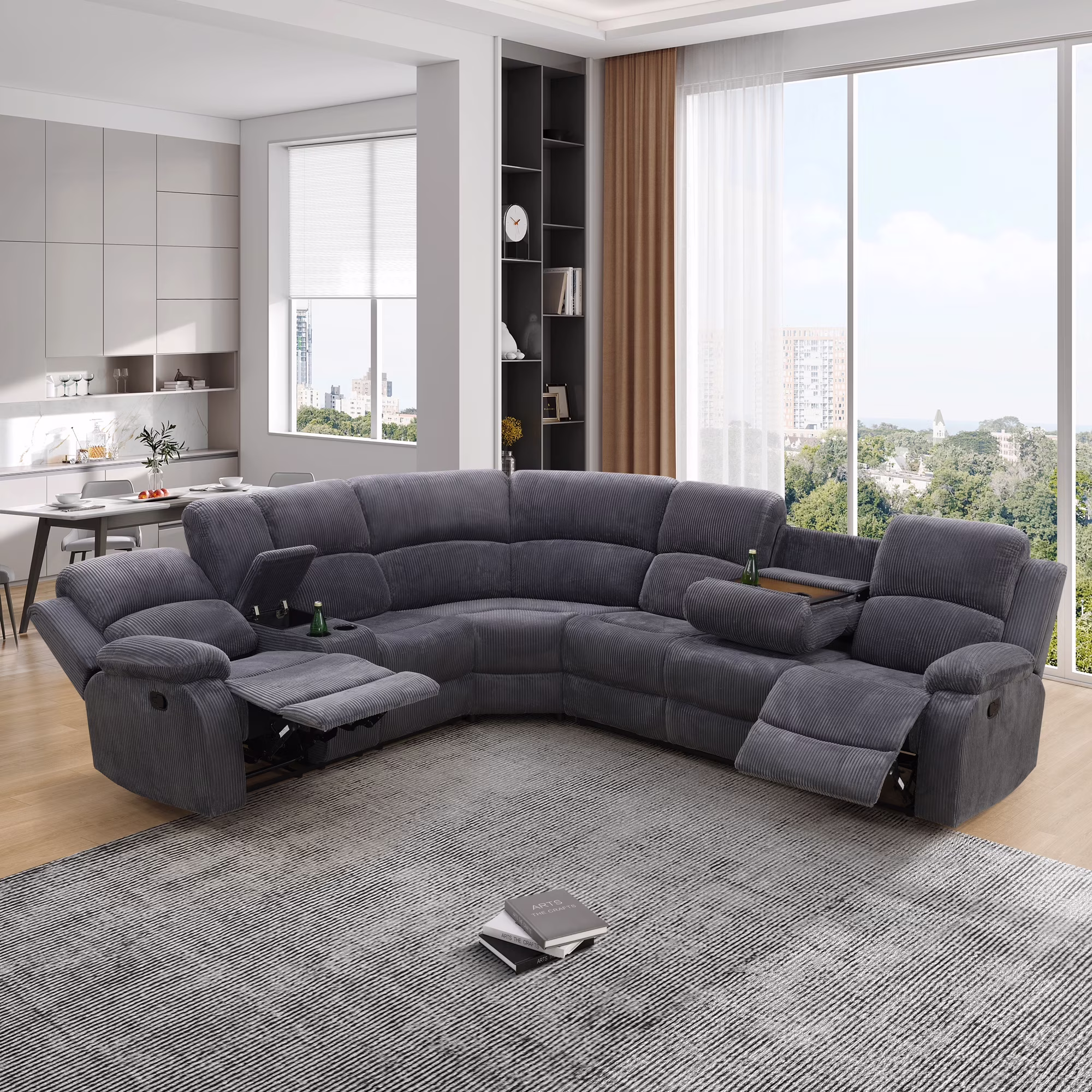 3-Piece Recliner Sofa Set, 6 Seat Sectional Couch with Cup HoldersStorage Console, Gray(Gray|Corduroy)