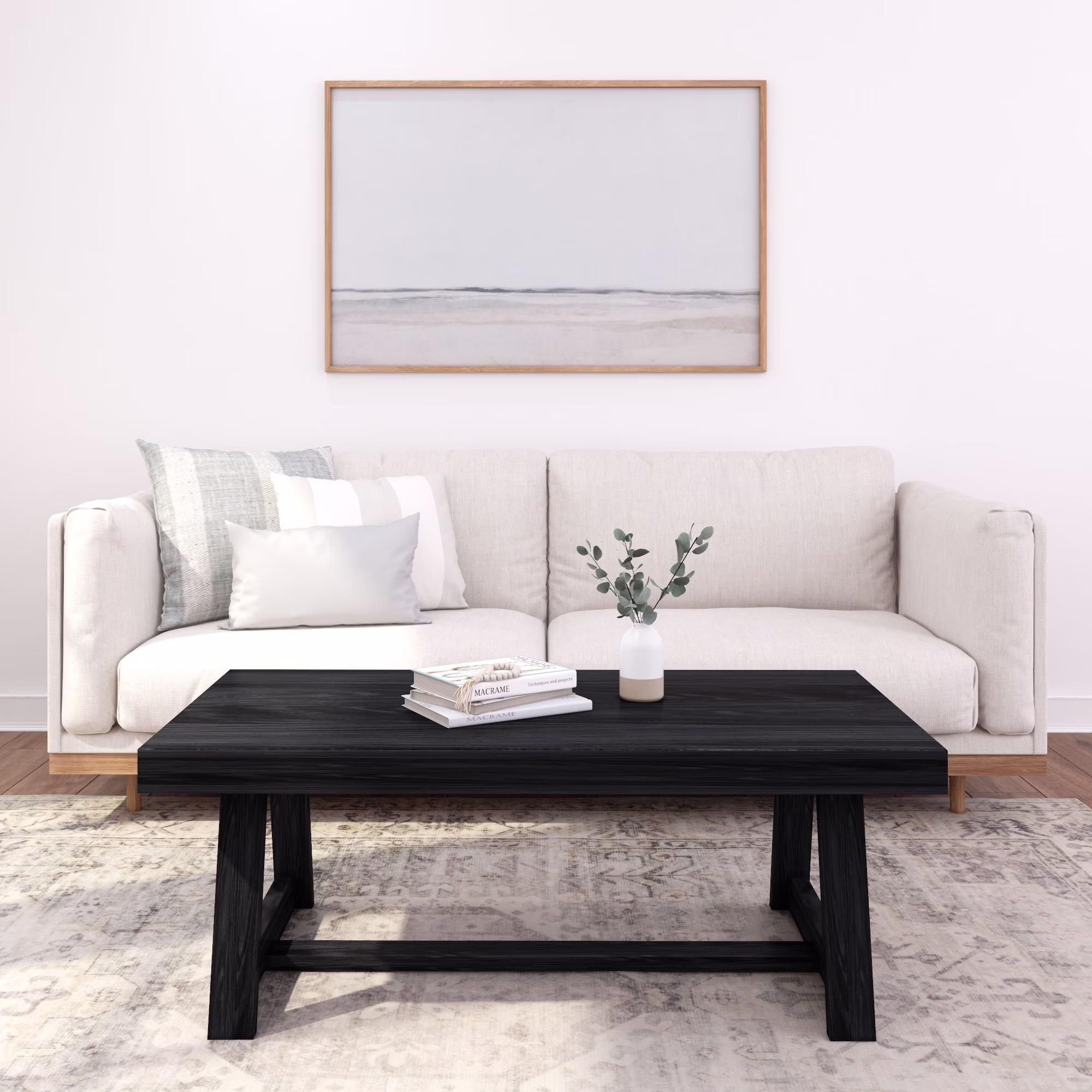 Farmhouse Coffee Table, 48" Solid Wood Tables for Living Room, Rectangular Center Table(White Sand Wirebrush) - Image 3