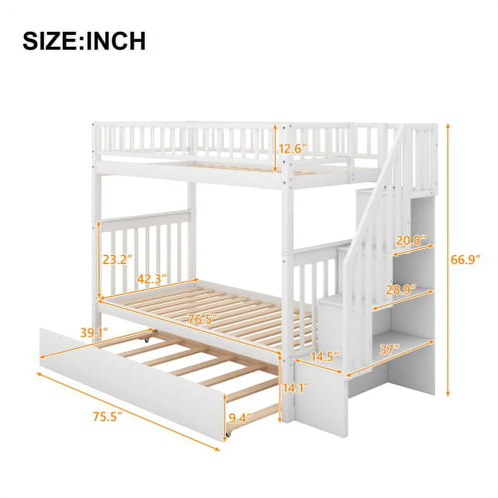 Twin over Twin Bunk Bed with Trundle and Storage Space, Convertible 3 Separate Beds Bunk Bed Frame with Full Length Guardrails and Storage Staircase, Solid WoodenTwin Bunk Bed for Girls, Boys, White - Image 4