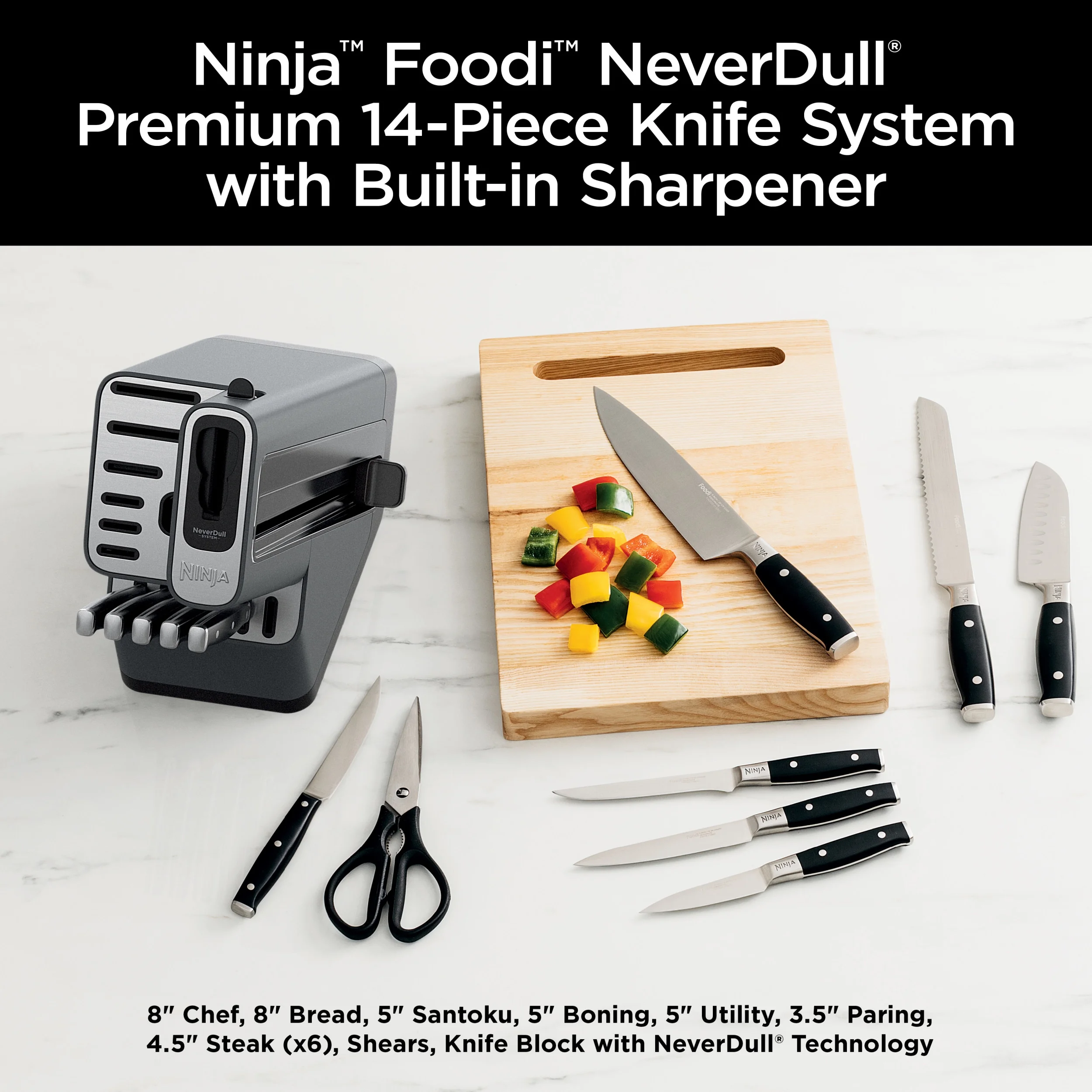 Ninja Foodi Neverdull Premium 14pc German Stainless Steel Knife System & Built - in Sharpener, K32014