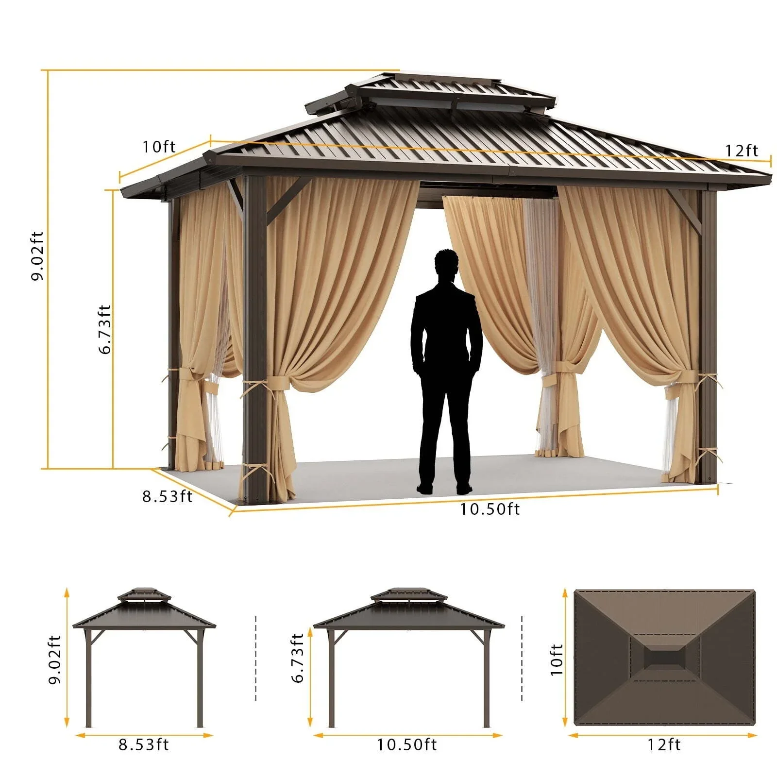 COBIZI 10x12 Hardtop Gazebo Aluminum Gazebos with Galvanized Steel Double Roof Metal Gazebo with Curtains and Netting Permanent Steel Gazebo for Backyard, Garden and Patio, Brown