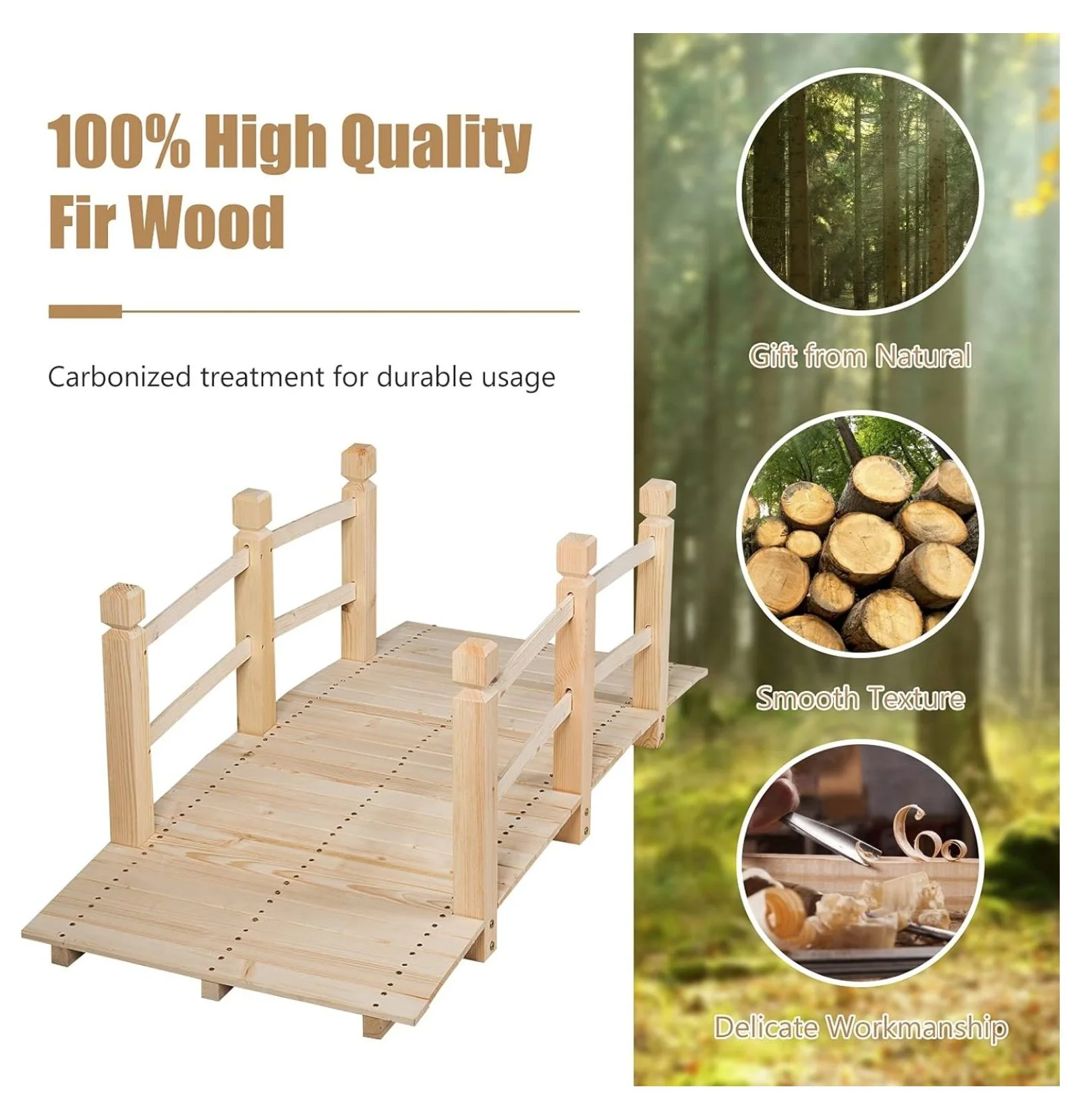 Garden Bridge, 5FT Wooden Arc Footbridge for Outdoors with Safety Guardrails, Decorative Landscaping for Garden Yard Walkway Creek Farm, 400 LBS Capacity (Natural Finished) Image 3