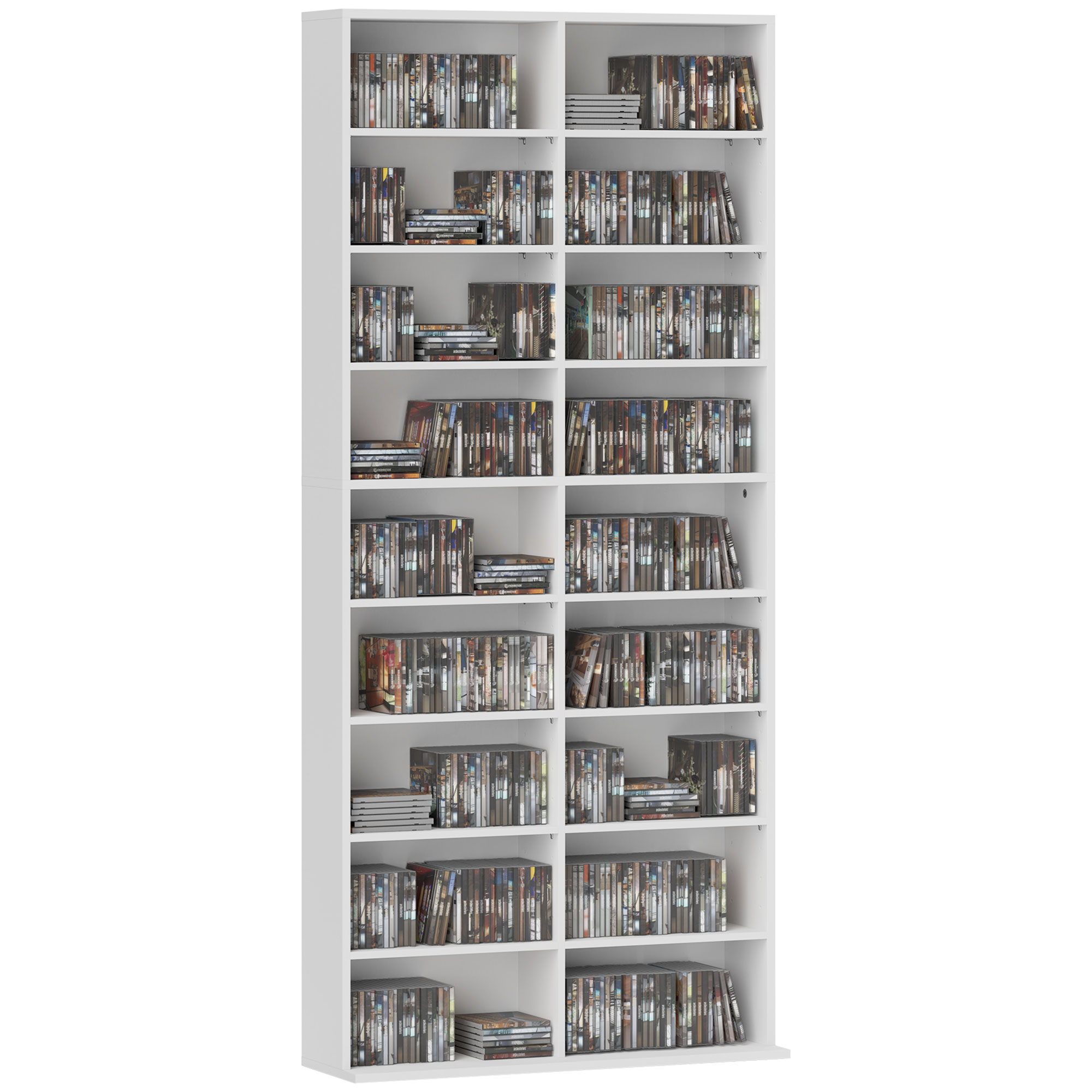 HOMCOM DVD-Rek, CD-Opslagrek, 14 Aanpasbare Planken, 18 Vakken, 175 cm, Blu-ray-Rek, Spaanplaat, Wit