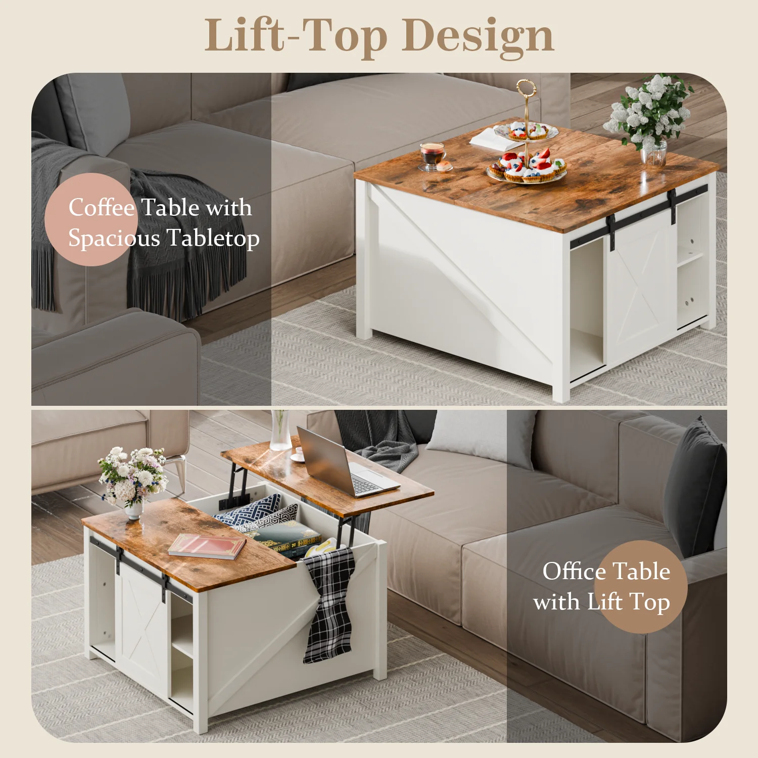 Wooden Coffee Table, Lift Top Coffee Table with Large Hidden Storage Shelf for Living Room(White) - Image 4