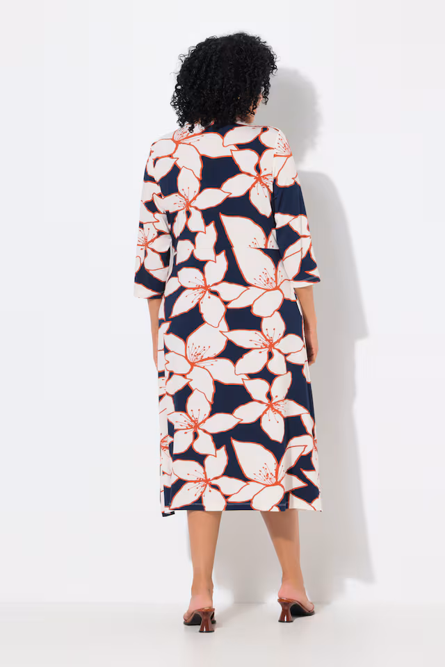 Flower Print 3/4 Sleeve Wrap Look Midi Dress