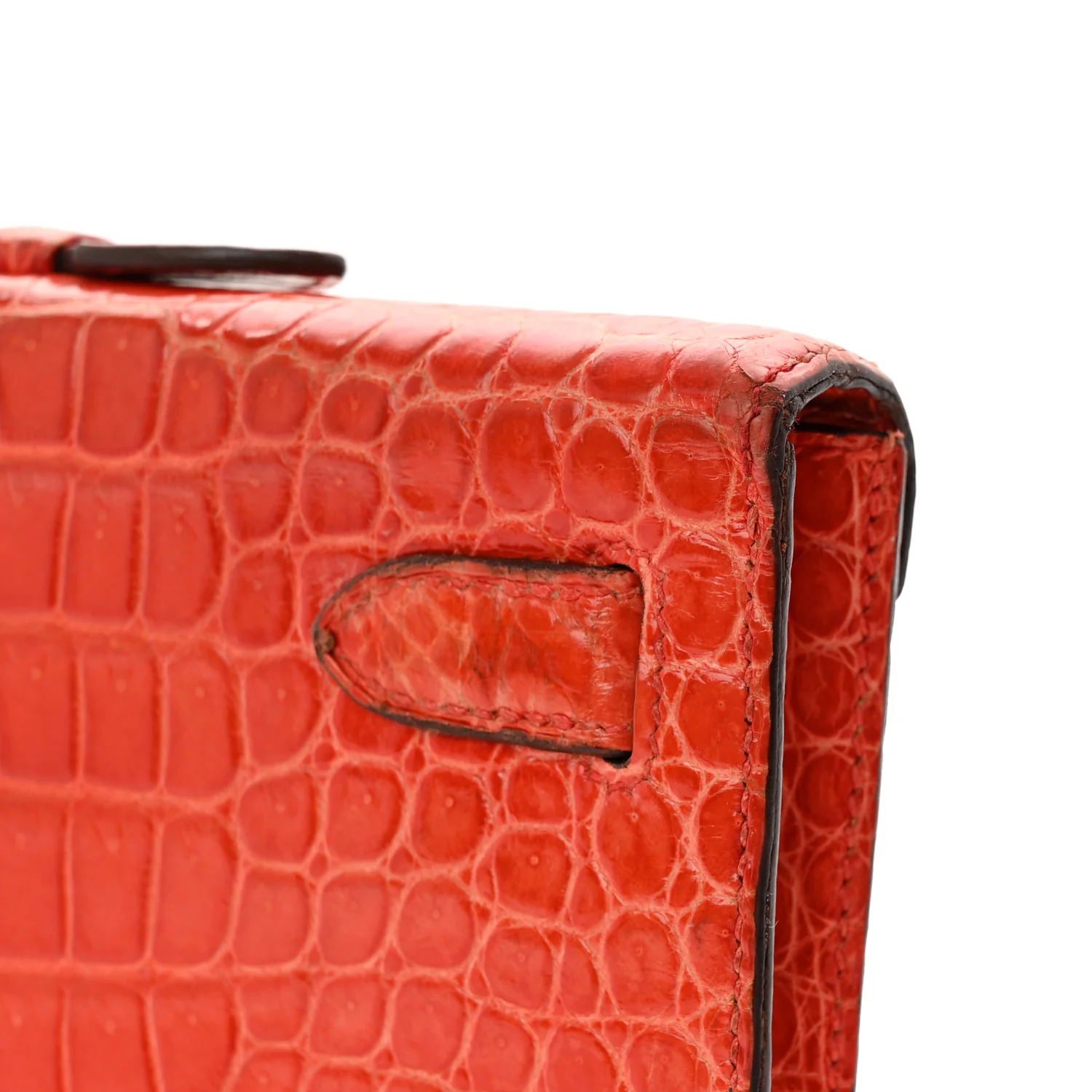Shiny Porosus Crocodile Kelly Cut Pochette Orange Poppy