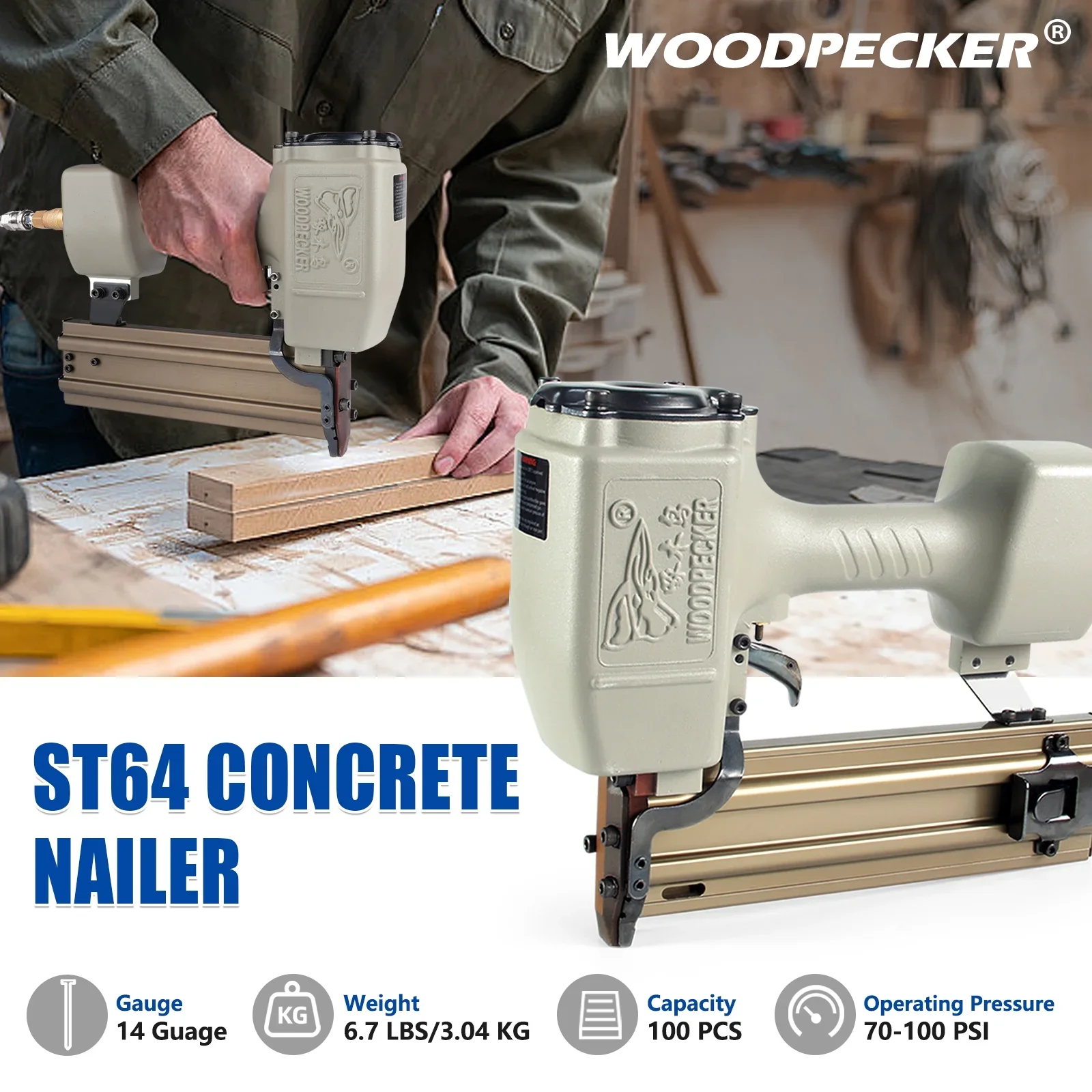 WOODPECKER ST64 Pneumatic Concrete T Nailer, 14 Gauge 3/4 to 1-1/2 Heavy Duty Air Concrete Nail Gun for hardwood nailing, Masonry, Cement, Concrete Brick Nailing