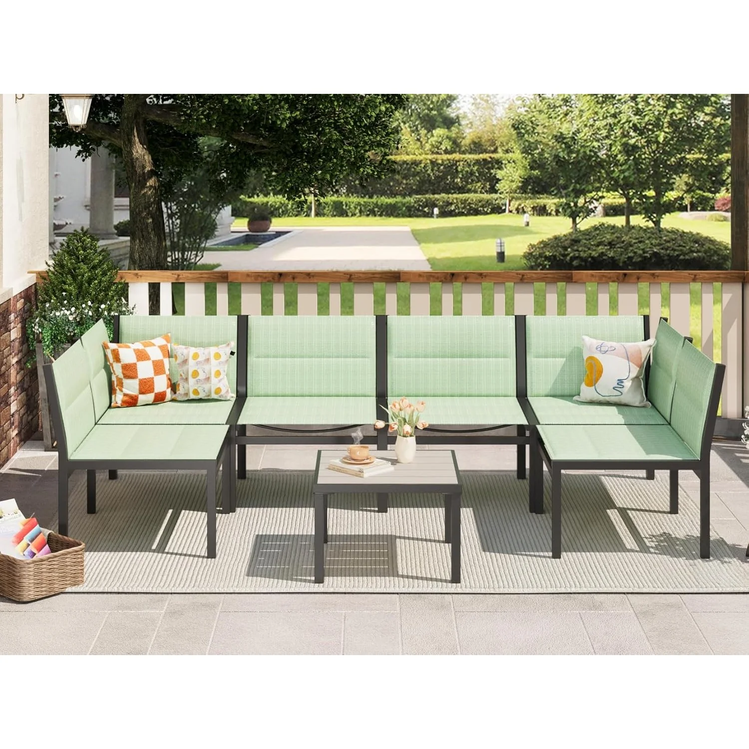 AECOJOY 7 Pieces Outdoor Sectional Furniture Textilene Fabric Outdoor Conversation Sets, Green