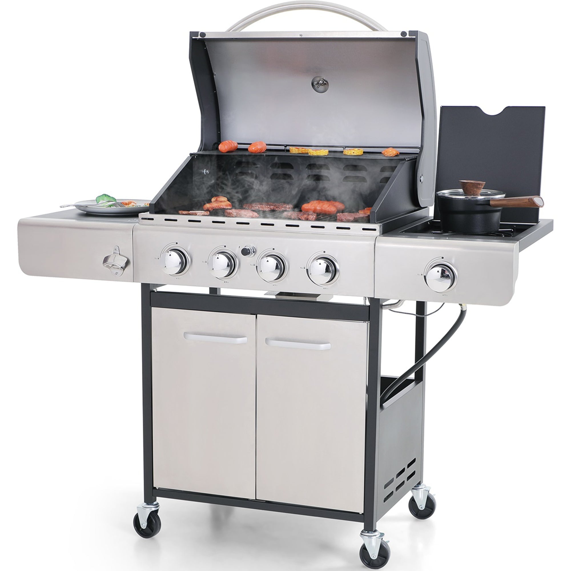 Stainless Steel Portable 4-Burner Propane Gas Grill with Side Burner