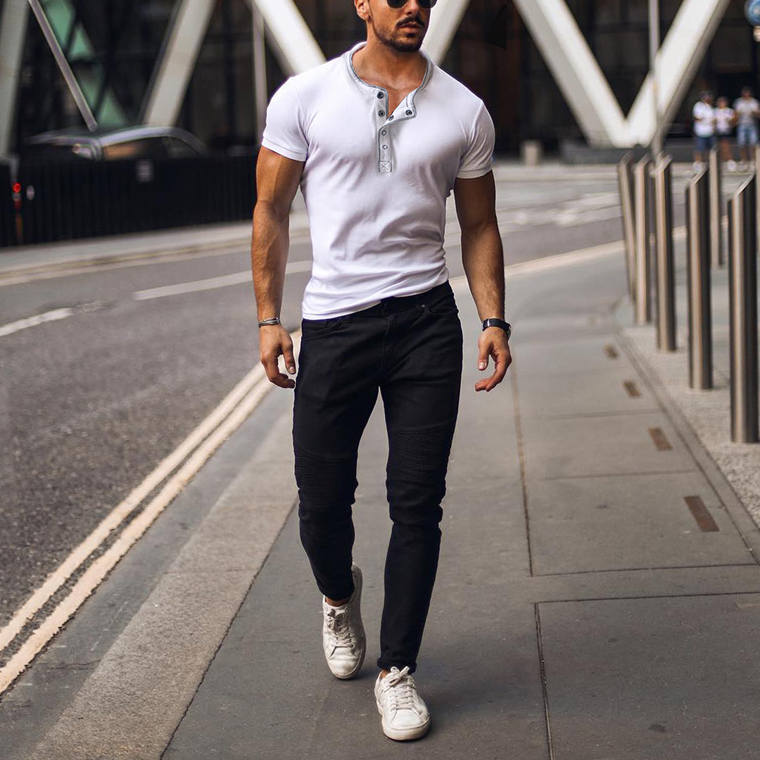 T-shirt à manches courtes en coton, style vintage, respirant et décontracté, col Henley, pour homme