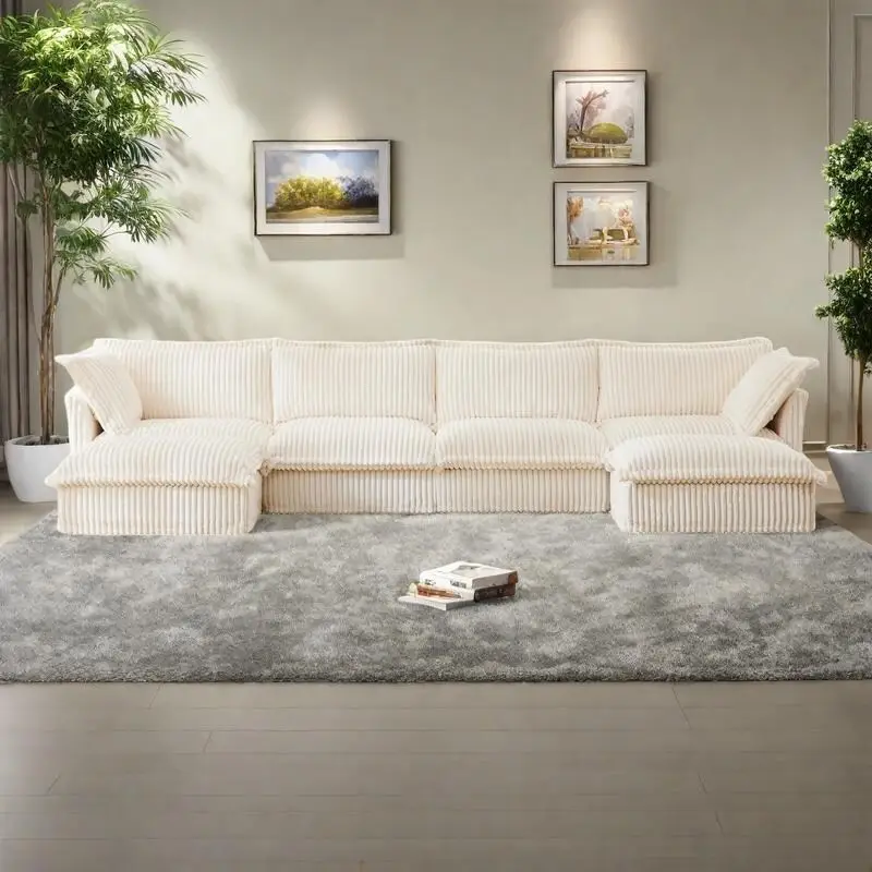 156.6" Corduroy U-Shape 4-Seater Sectional Sofa with Removable Slipcover, Deep Seat Design, and Elegant French Edge Accents