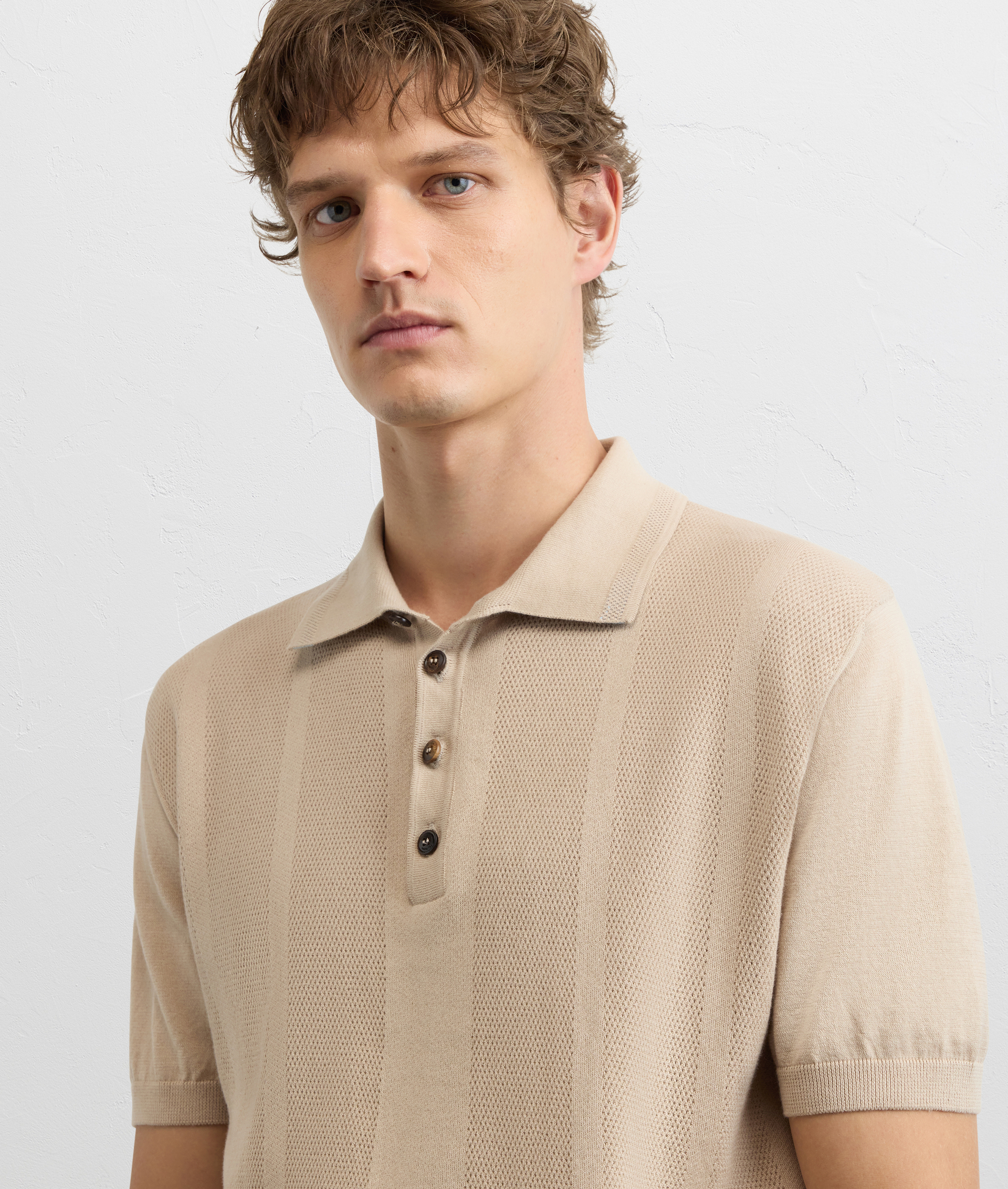 LIGHT BROWN COTTON SHORT SLEEVED POLO SHIRT WITH RIBBED TRIM