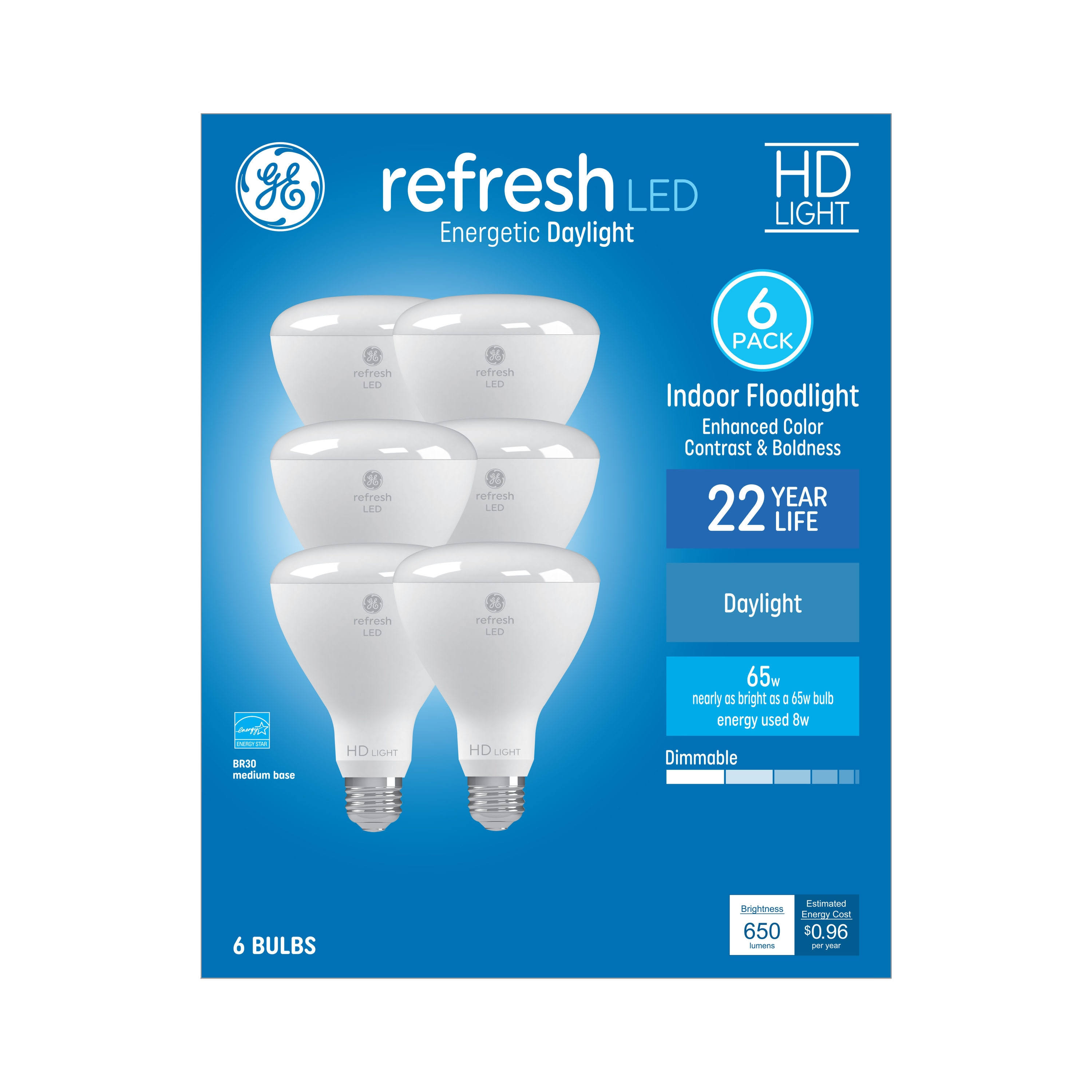 GE Refresh 65-Watt EQ BR30 Daylight Medium Base (e-26) Dimmable LED Light Bulb (6-pack) Item #952381 | Model #93130642
