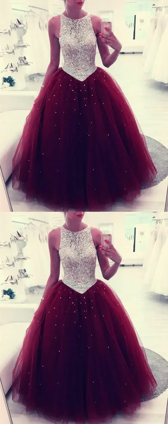 Beaded Scoop Tulle Burgundy Ball Gown Prom Dress, Quinceanera Dresses DMF5