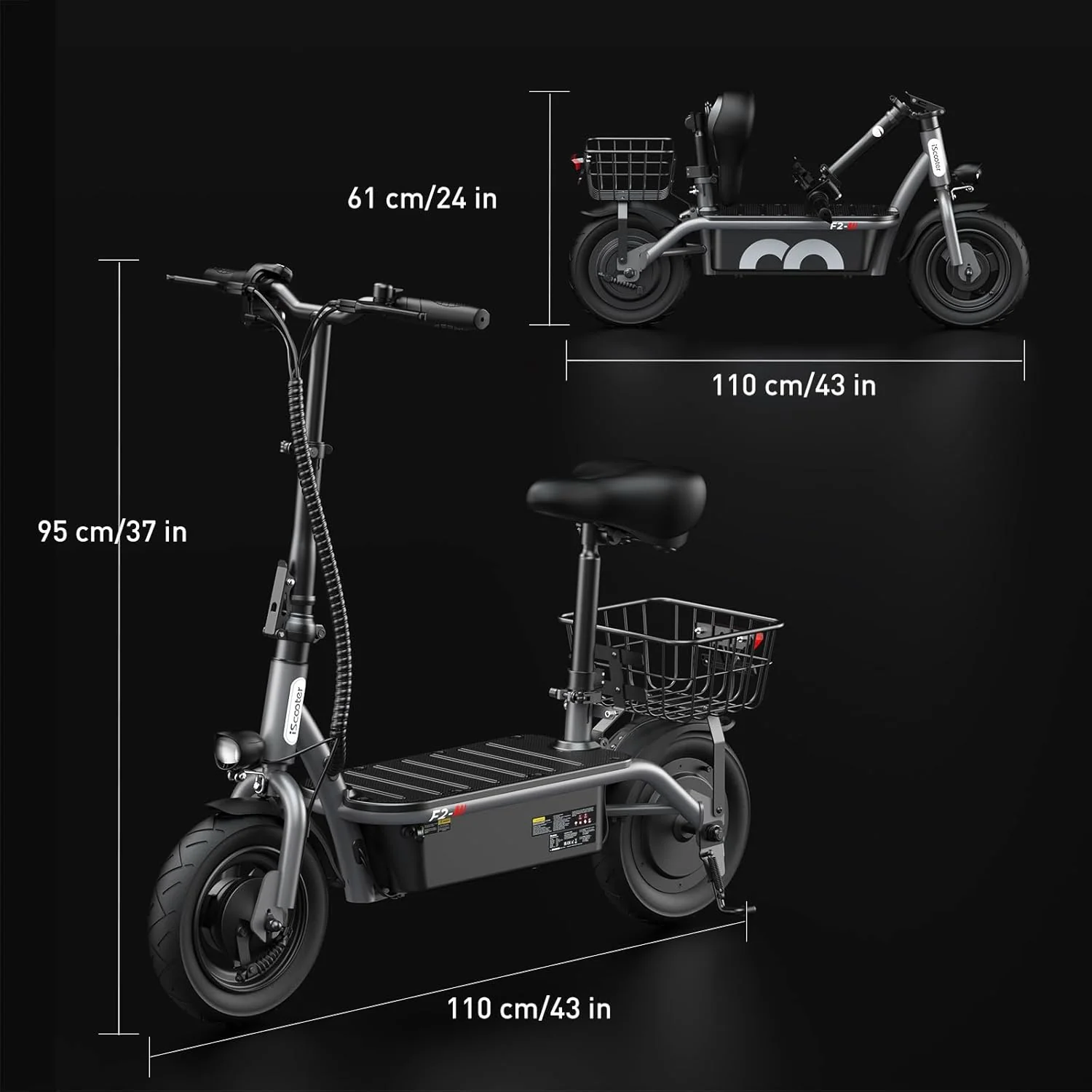 Trottinette électrique iScooter avec siège, autonomie de 60/34 km, vitesse maximale de 45/30/25 km/h, double suspension et panier