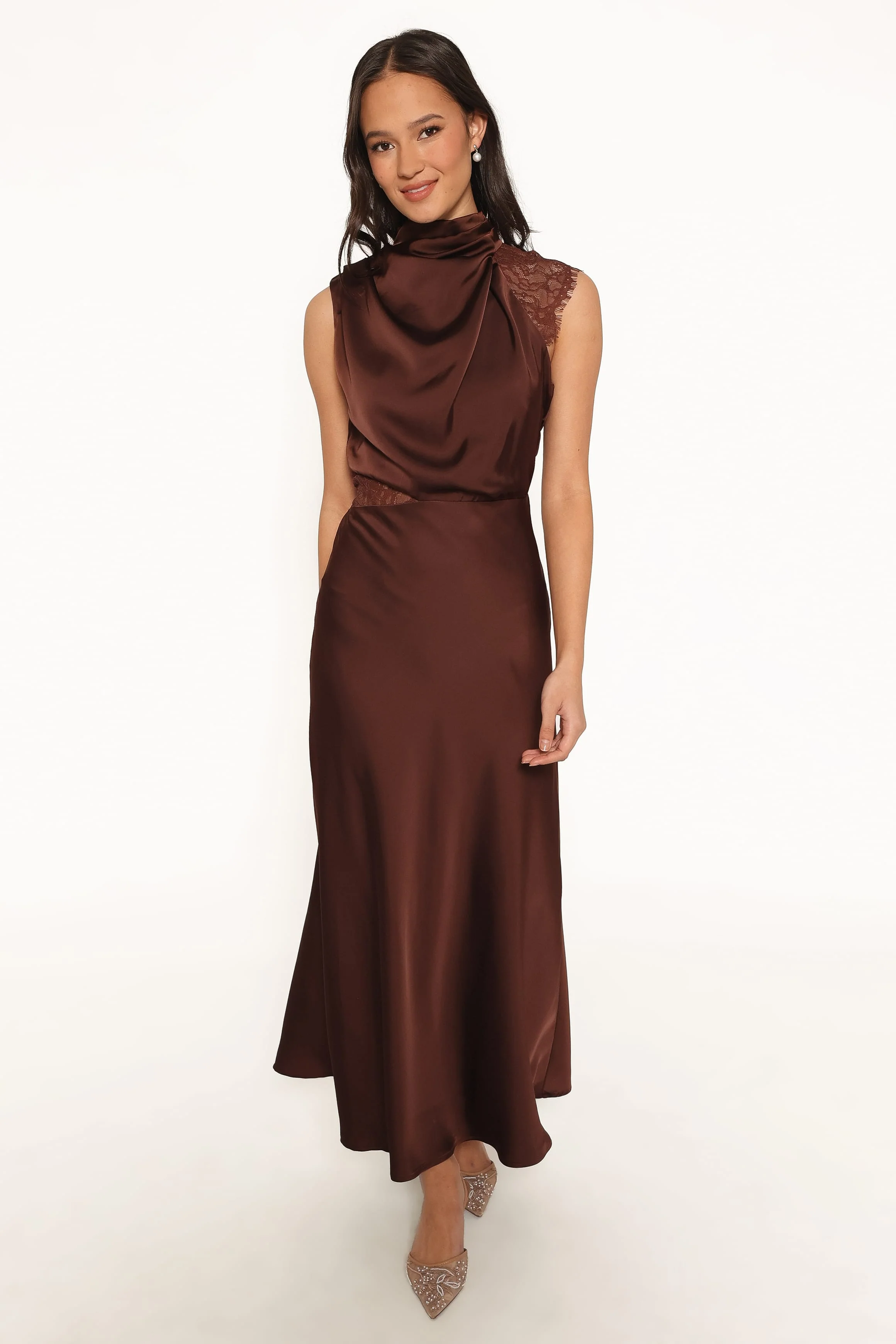 Anabelle Halter Neck Lace Maxi Dress - Chocolate Brown