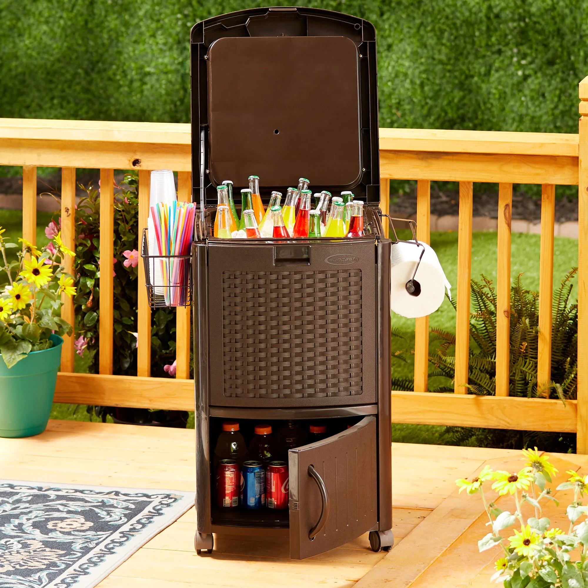 Suncast 77 Quart Patio Cooler W/ Cabinet and Basket W/ Wicker Trash Hideaway