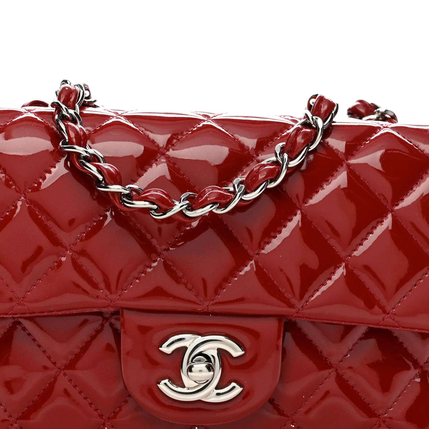 Patent Calfskin Quilted Mini Rectangular Flap Dark Red