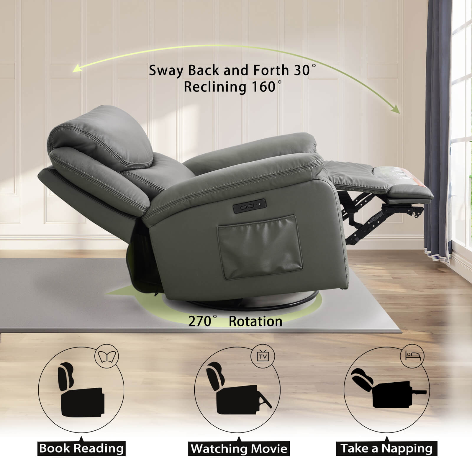 Fauteuil inclinable pivotant et berçant Soulout, rotation à 270°