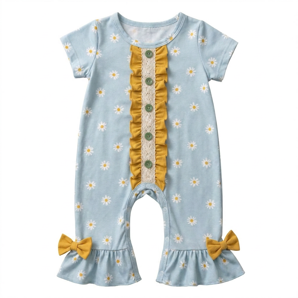 Cotton Cute Daisy Printed Romper Ruffle Bow Baby Girl Jumpsuit Bodysuit Beach Party Holiday Picnic