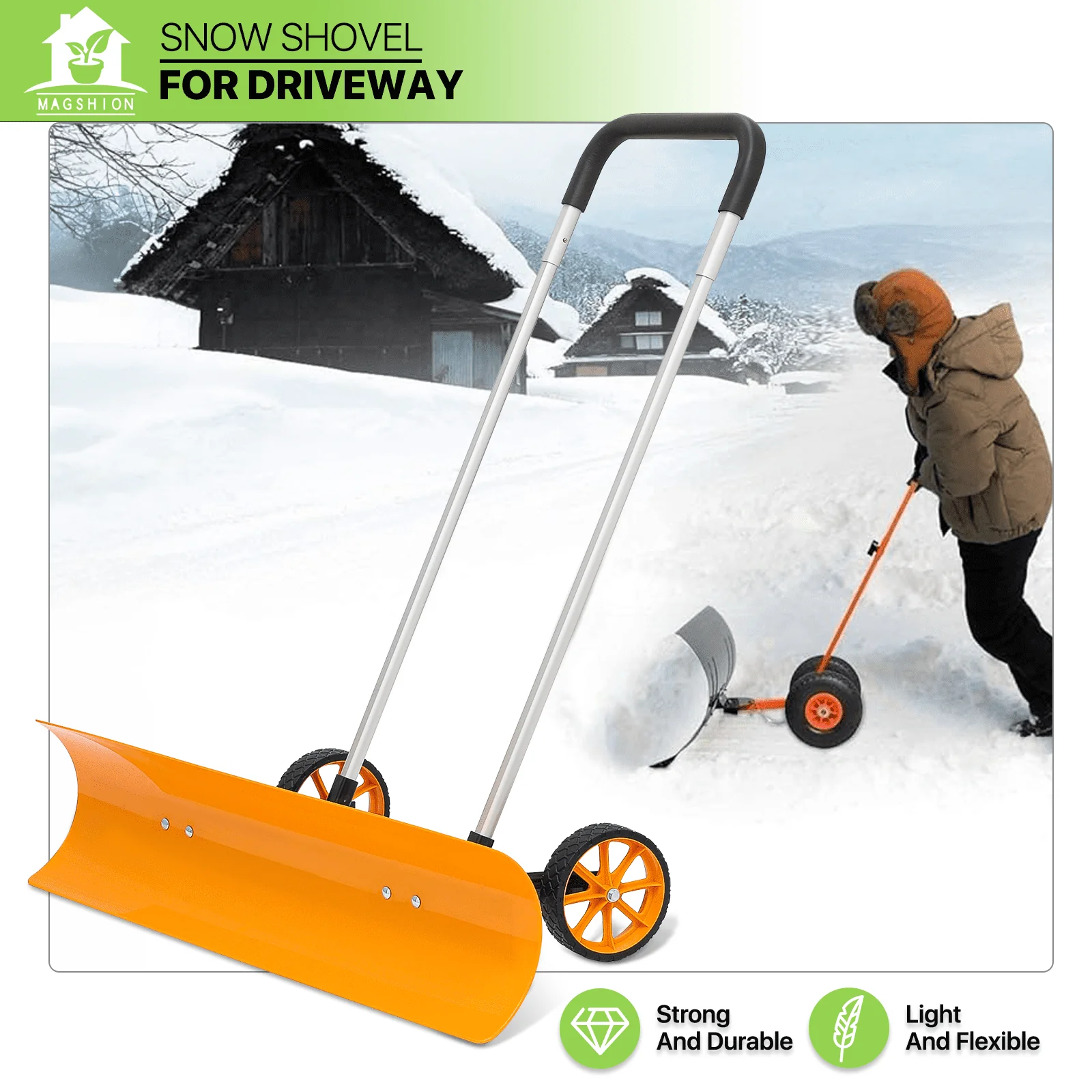 Magshion Snow Shovel with Wheels, 37.5 in Wide Rolling Snow Plow Pusher Shovel with Adjustable Aluminum Handle, Snow Removal Tool for Driveway Garden Pavement, Orange