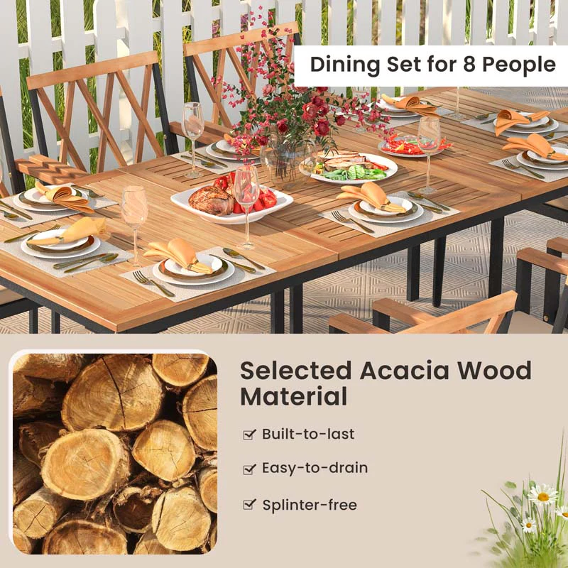 9-Piece Acacia Wood Patio Dining Furniture Set, 79
