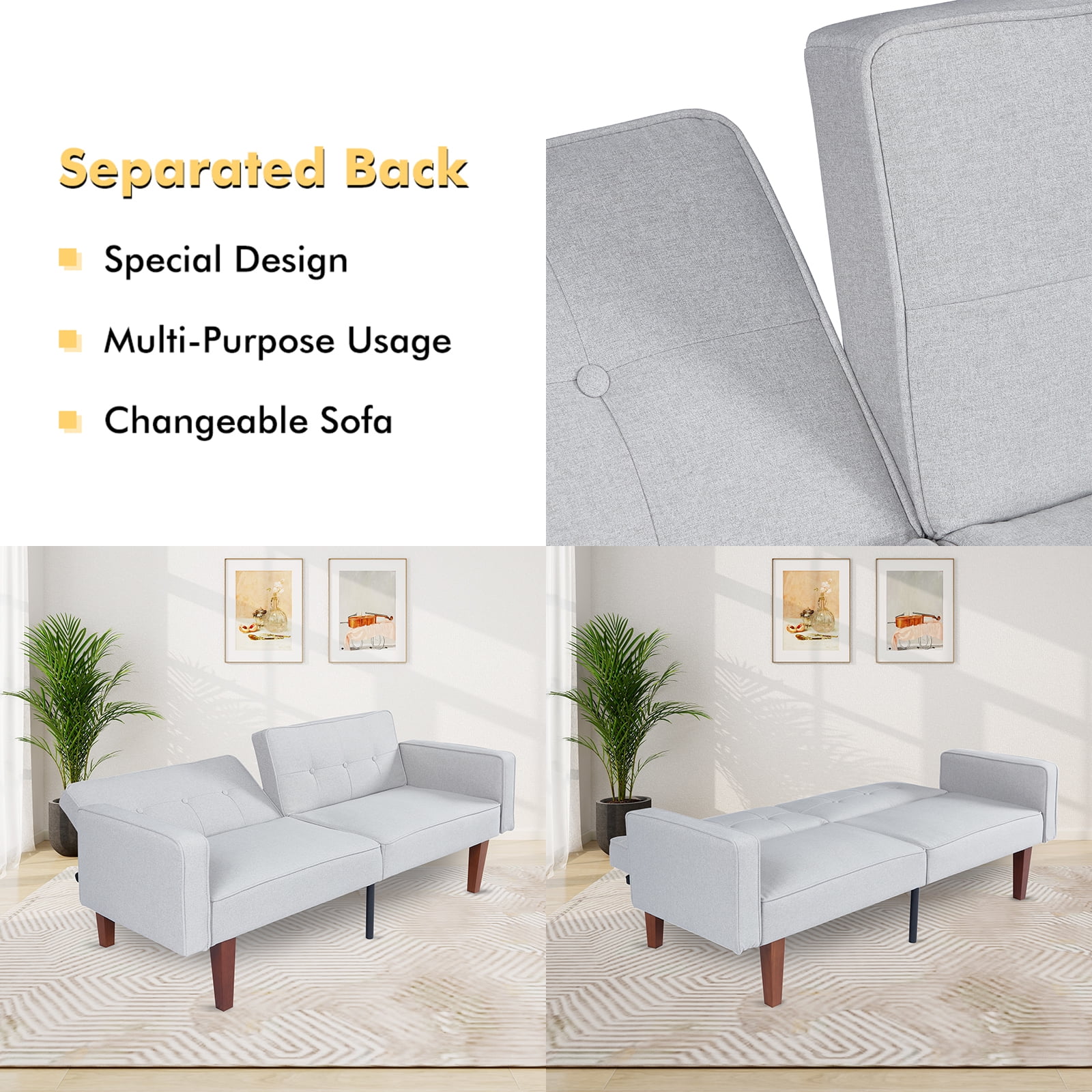 Sofa Bed, Convertible Memory Foam Futon Couch, Adjustable Sleeper Sofa Bed for Living Room, Gray(Gray1) - Image 8