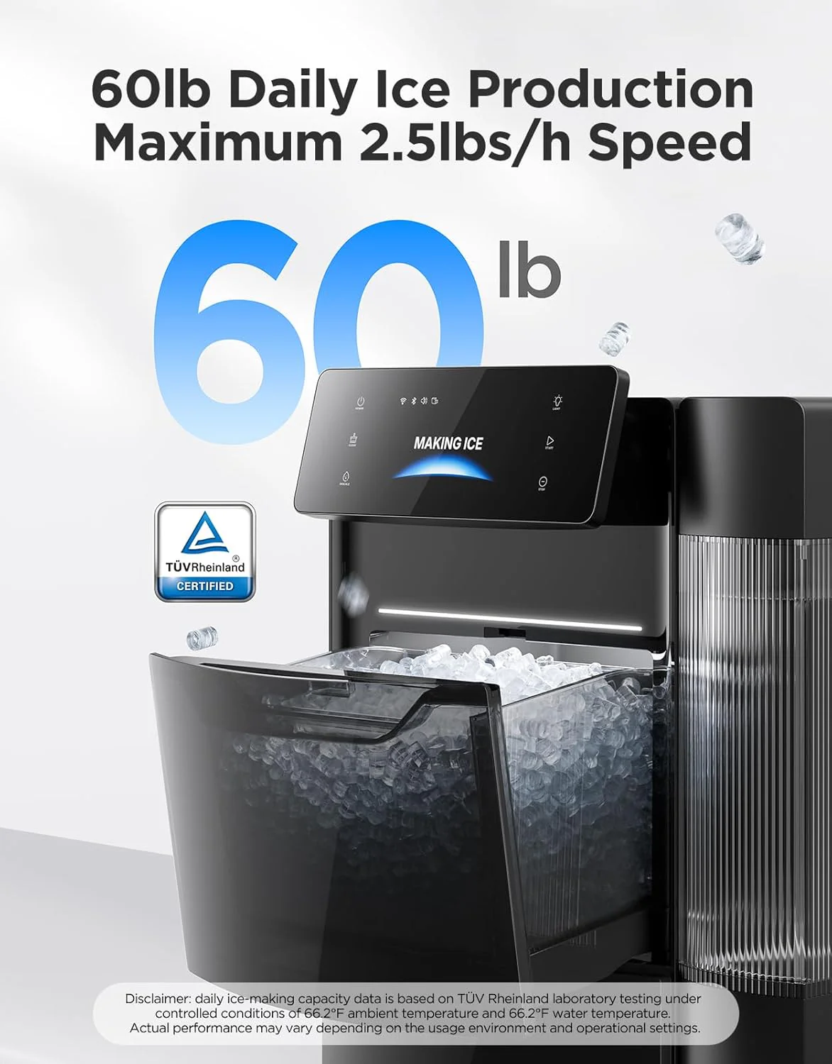 Machine à glaçons GoveeLife Smart Nugget Pro, capacité de 27 kg par jour, premiers glaçons en 6 minutes, ultra-silencieuse (40 dB) grâce à la technologie IA NoiseGuard, application et commande vocale, autonettoyante, panier de 1,6 kg et double réserv