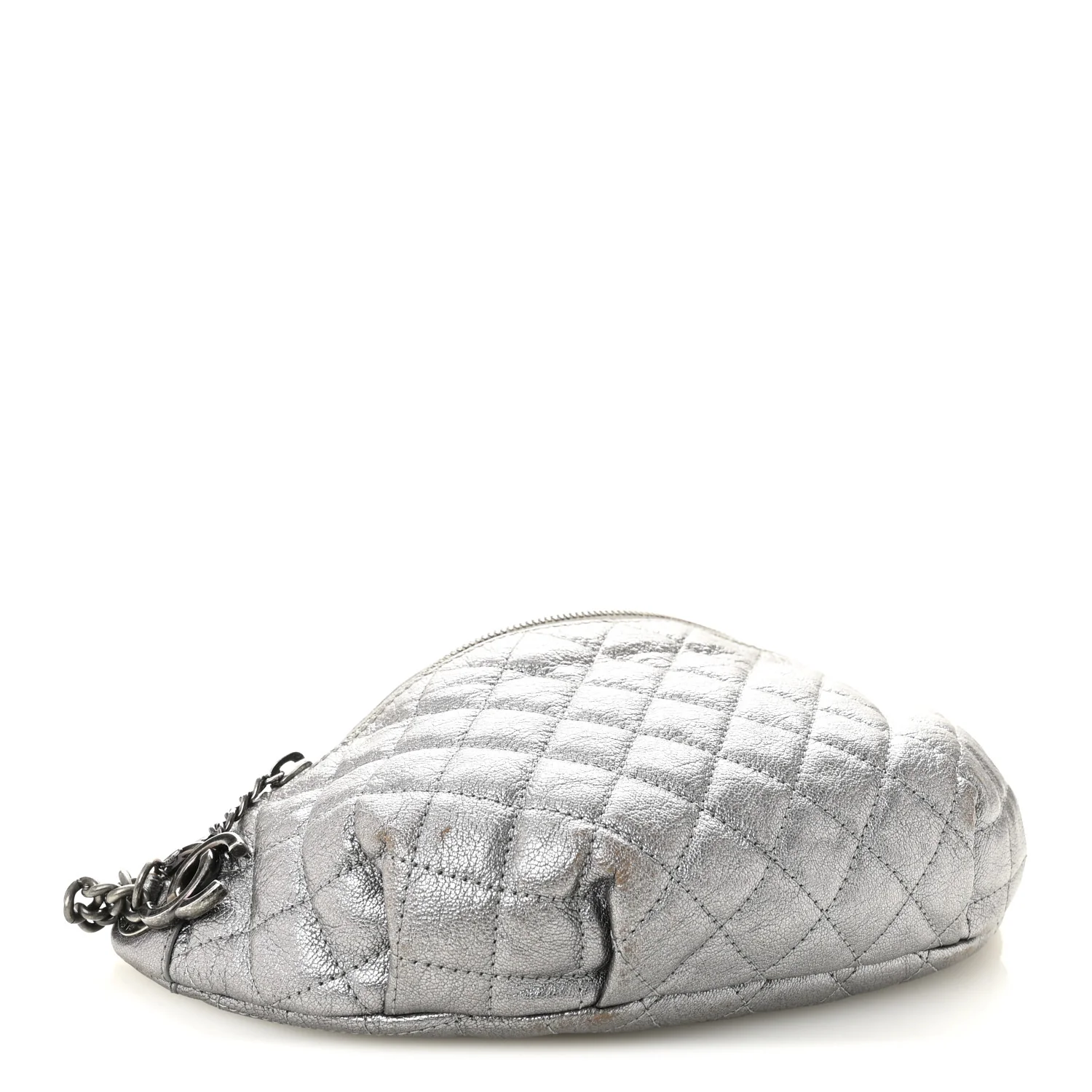 Metallic Calfskin Quilted Banane Waist Bag Fanny Pack Dark Silver
