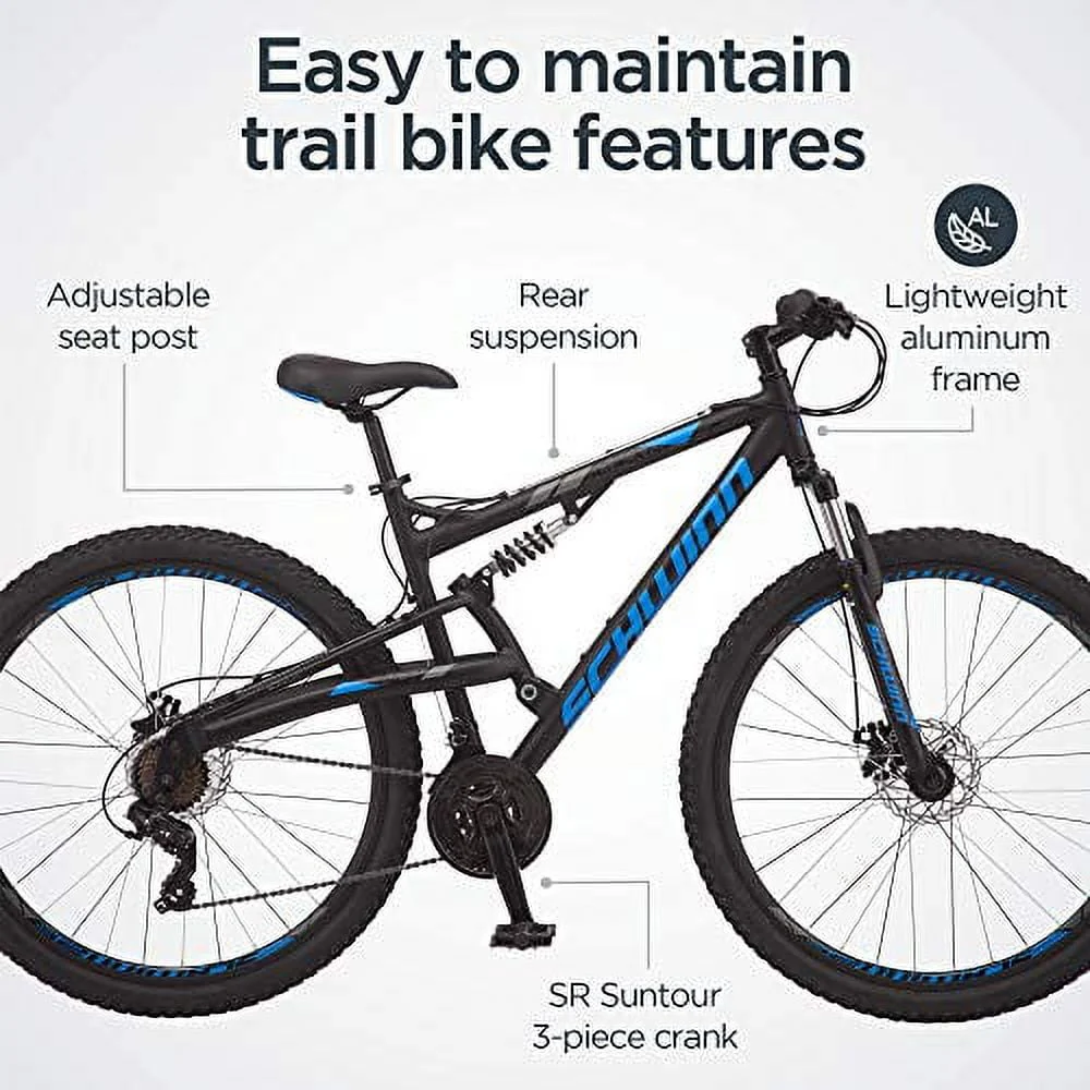 Schwinn S29 Men'S Mountain Bike, 29 In. Wheels, 18 In. and Medium Aluminum Frame, Dual - Suspension, Mechanical Disc Brakes, Matte Black
