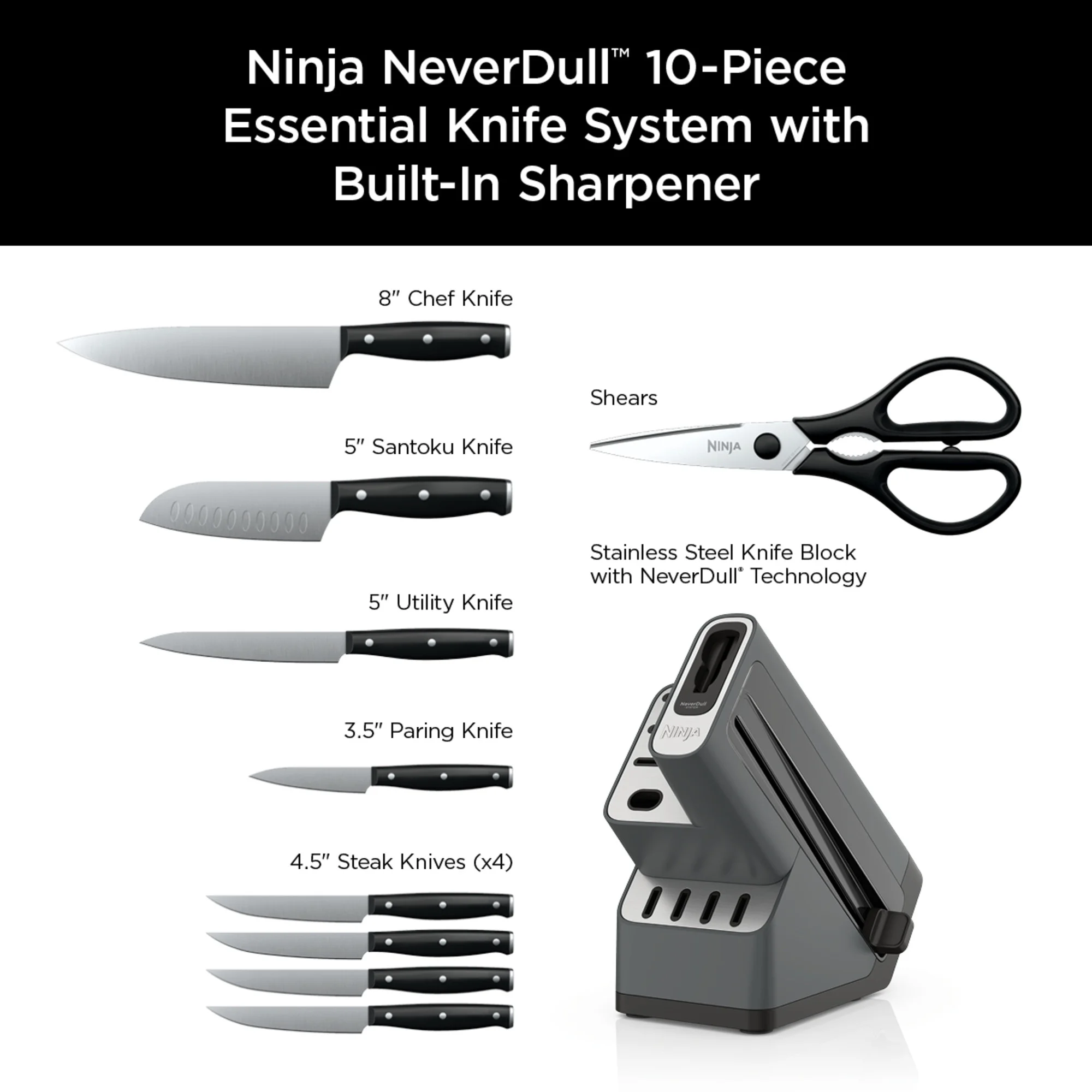 Ninja Foodi Neverdull 10 - Piece Stainless Steel Essential Knife System with Sharpener, K12010 Black/Gray