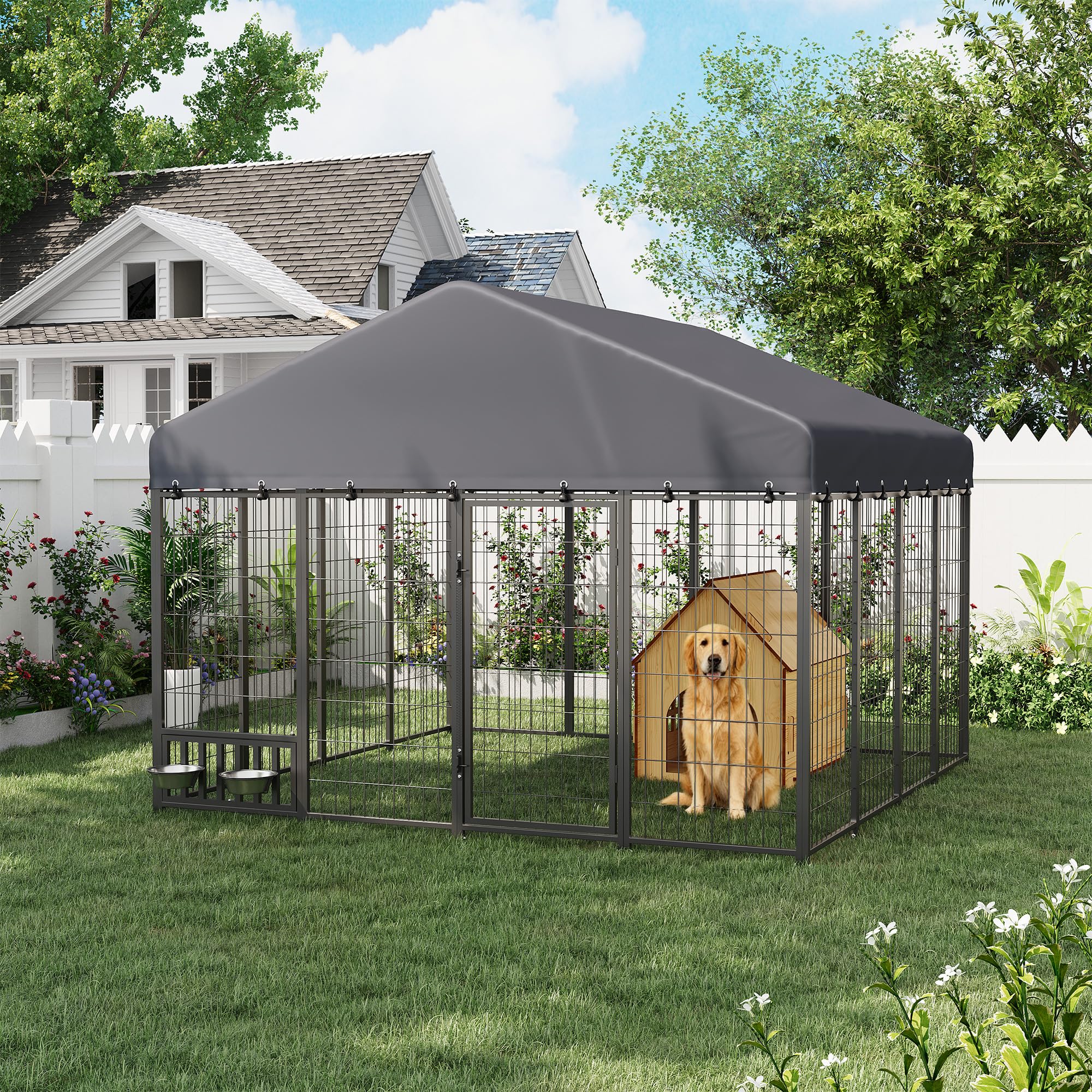 AECOJOY Heavy Duty Outdoor Dog Kennel, 8x8 Steel Chain Link Fence with Roof