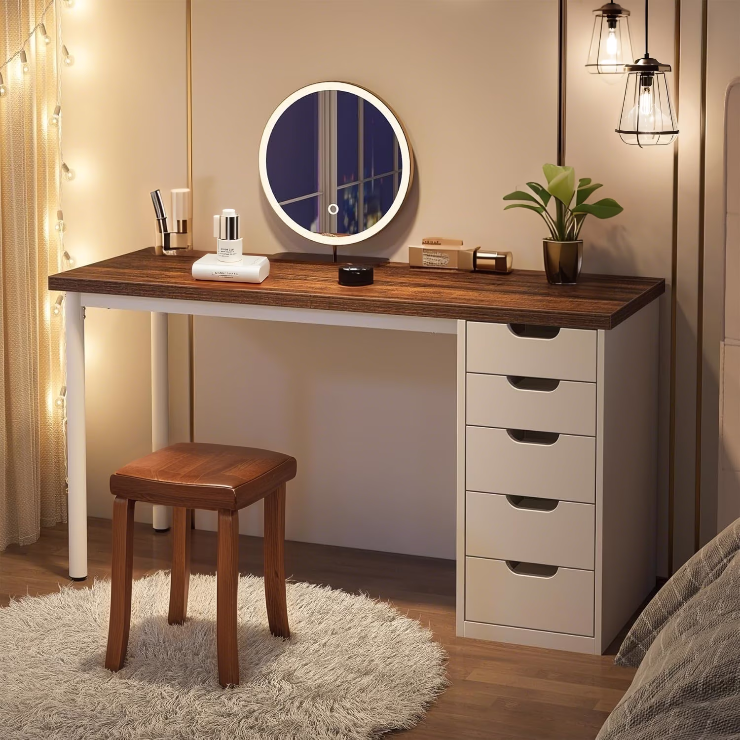 47 inches Vanity Desk with 5 Drawers, Rustic Makeup Dressing Table with Storage, Modern Simple Computer Desk for Women, Girls (Brown)(Brown)