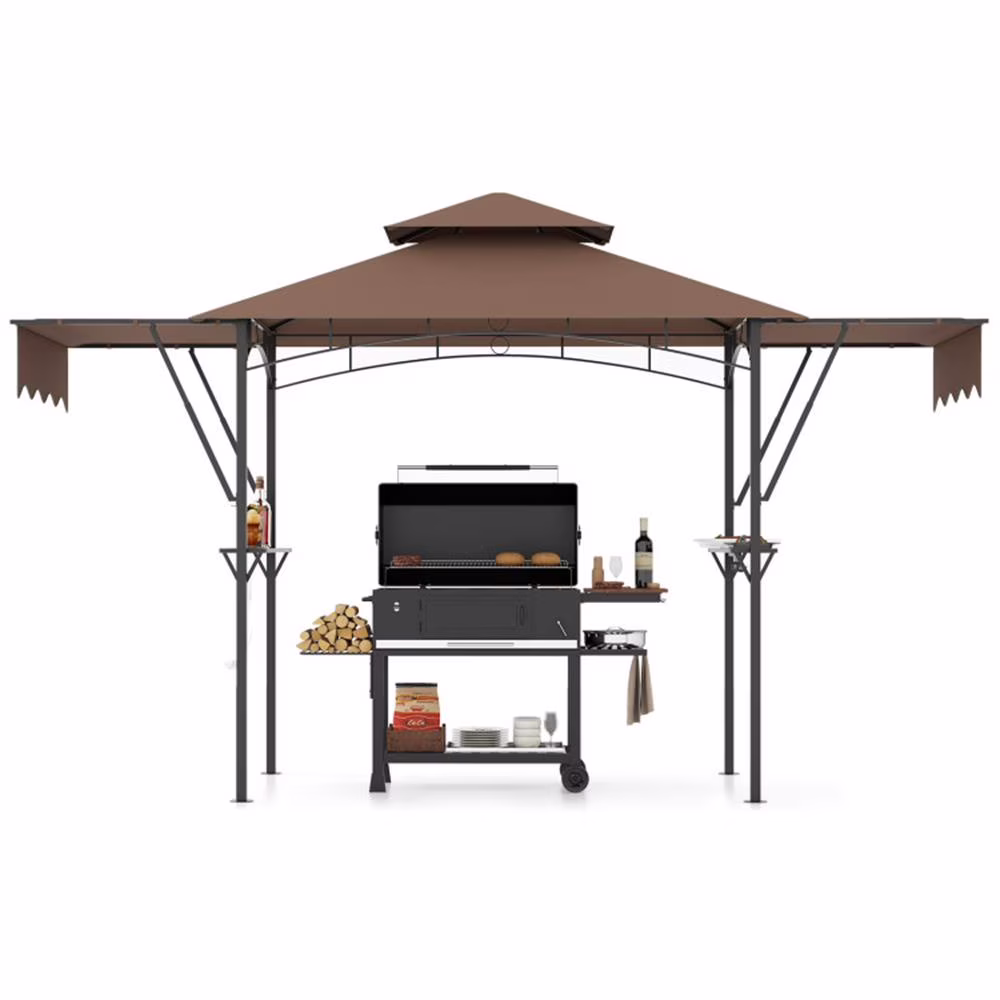 Resenkos Outdoor Garden Gazebo, Sunshade Gazebo Canopy,13 x 5 Feet Grill Gazebo with Dual Side Awnings and 2 Shelves Adjustable Shadow-Coffee