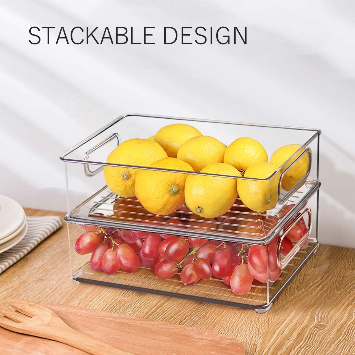 Stackable Refrigerator Organizer Bins, 6 Pack Clear Kitchen Organizer Container Bins with Handles and 20 PCS Plastic Bags for Pantry, Cabinets, Shelves, Drawer, Freezer - Food Safe, BPA Free 10