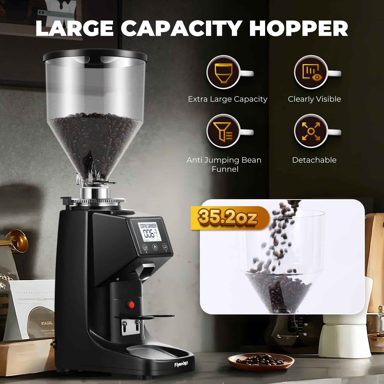 64mm Commercial Electric Coffee Grinder, SS Flat Burr Touchscreen, Black | 19 Adjustable Grind Settings, 35oz Large Removable Hopper, Precise Digital Dosing, For Home & Cafe, Low Noise, Easy Clean