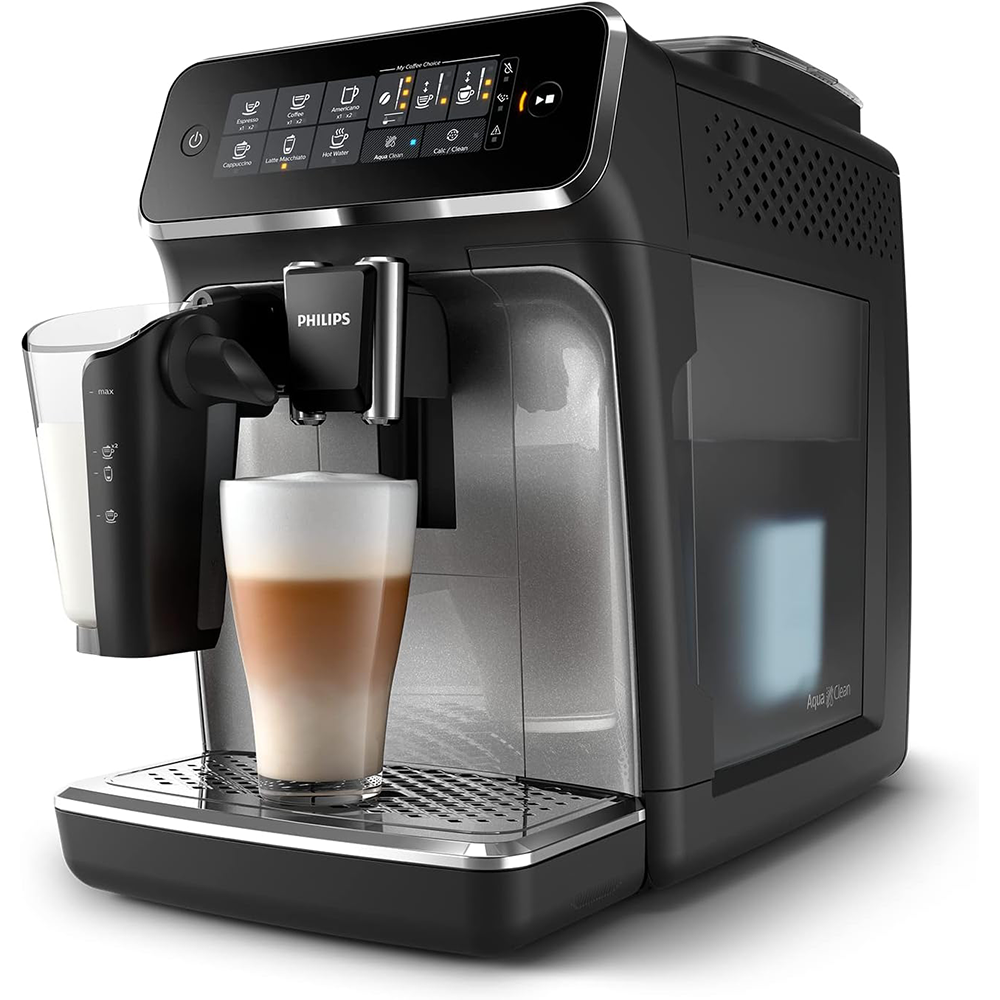 Machine à café entièrement automatique Philips série 3200 EP3246/70, 5 cafés de spécialité (système de lait LatteGo), laquée noire et argentée.