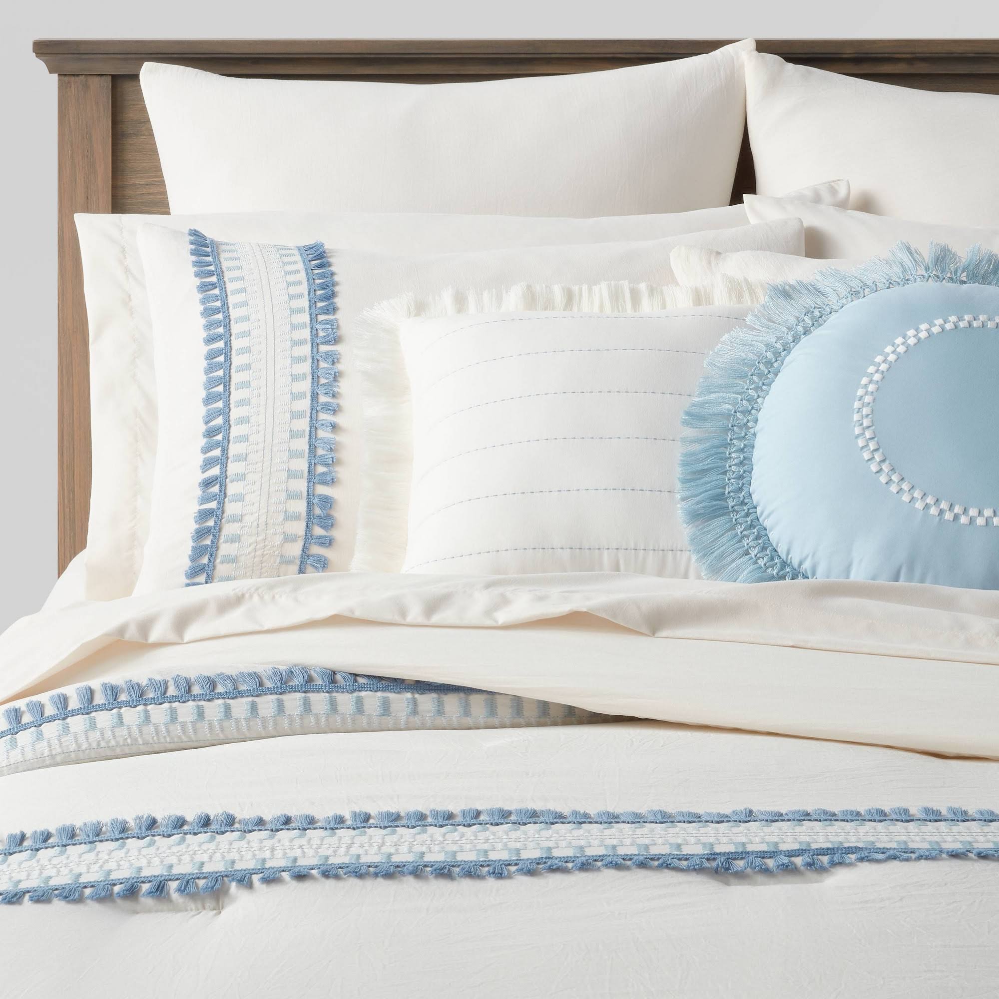 12pc Full Embroidered Fringe Stripe with Tassels Comforter & Sheet Bedding Set White/Blue - Threshold